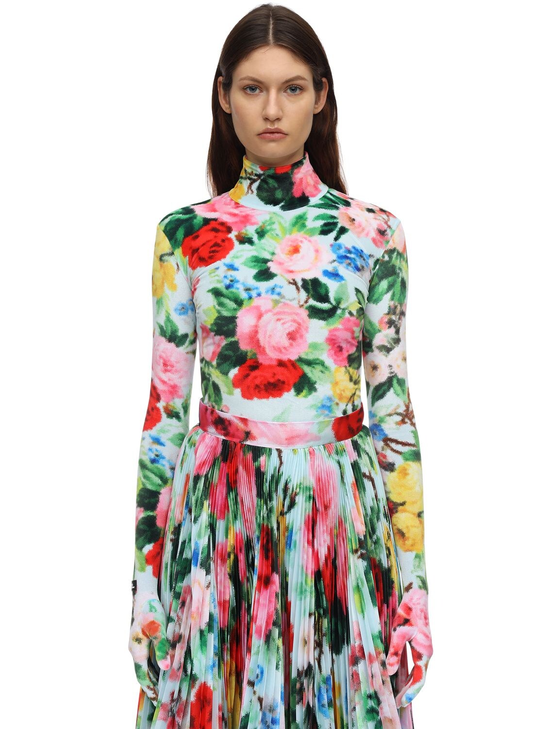 RICHARD QUINN PRINTED VELOUR TURTLENECK TOP W/GLOVES,71IF4R014-SI1MT1DSWSBCTFVF0