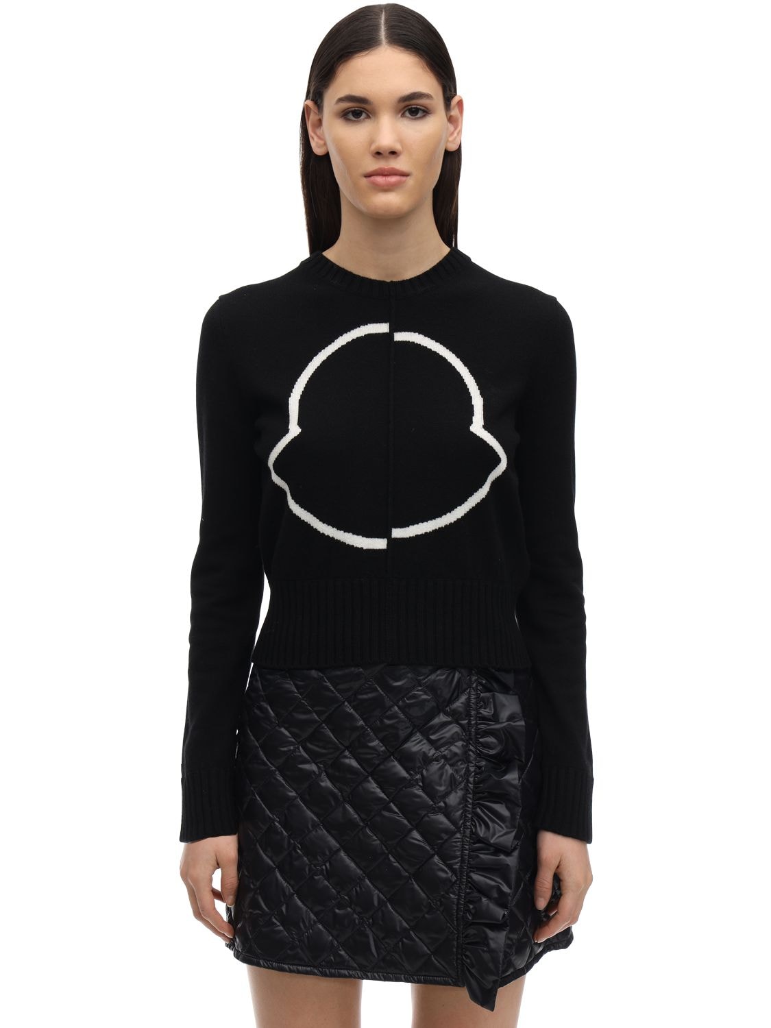 Moncler Cropped Virgin Wool & Cashmere Sweater In Black,white