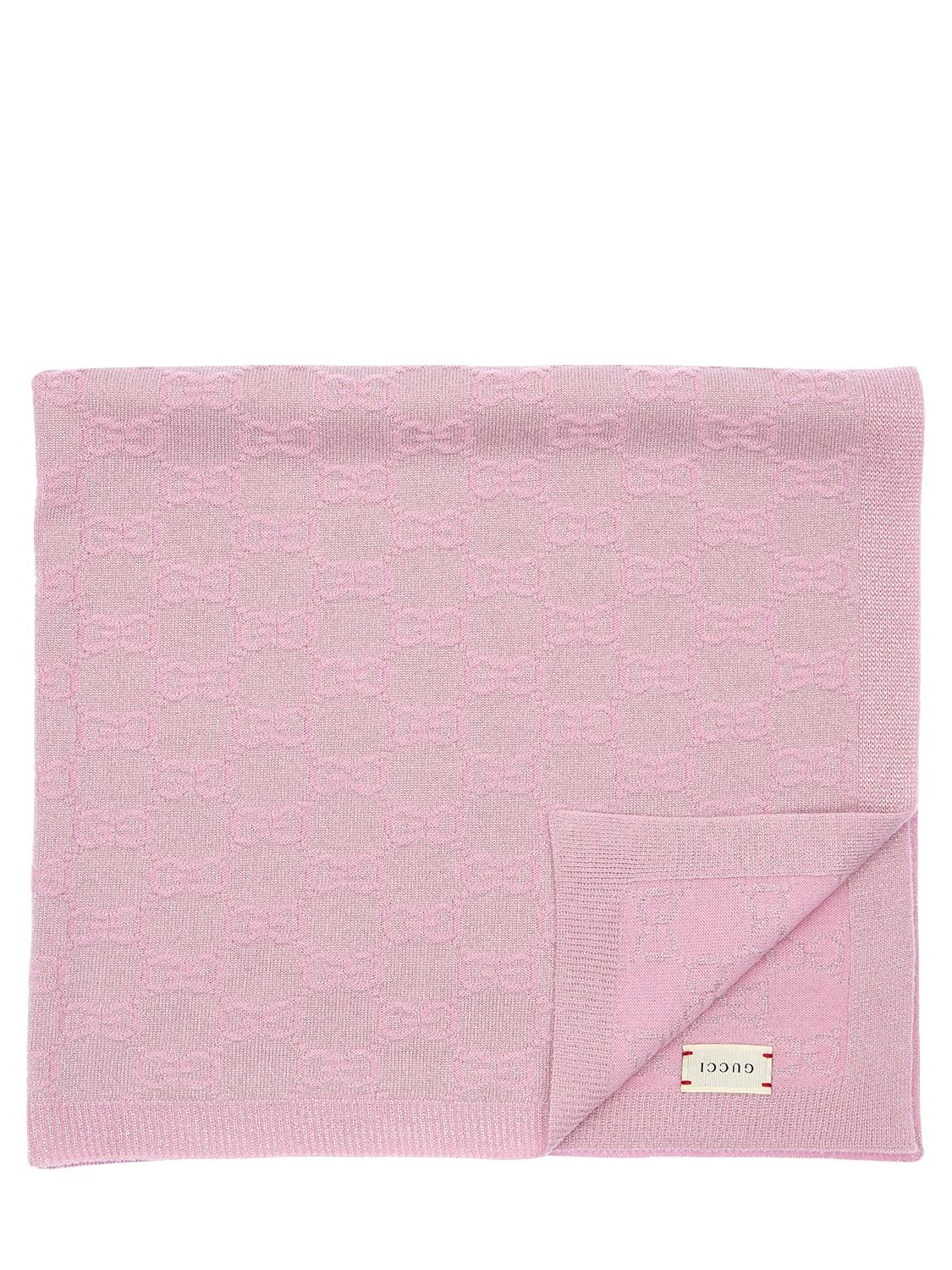 Gucci Kids' Lurex Logo Intarsia Wool Knit Blanket In Pink