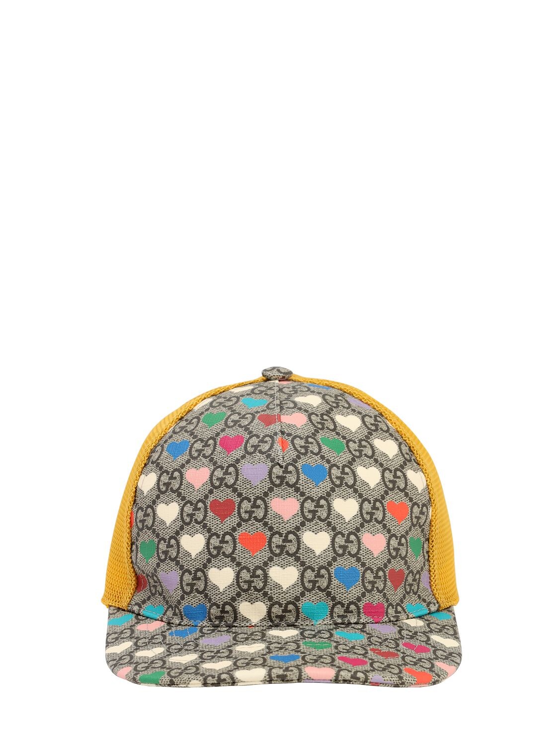 Gucci Babies' Hearts Print Gabardine Baseball Hat In Beige,yellow