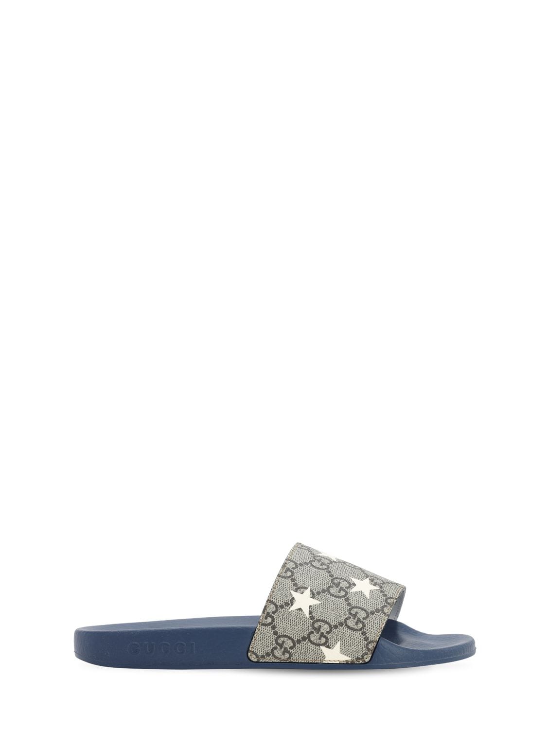 Gucci Kids' Logo Star Print Slide Sandals In Beige,navy