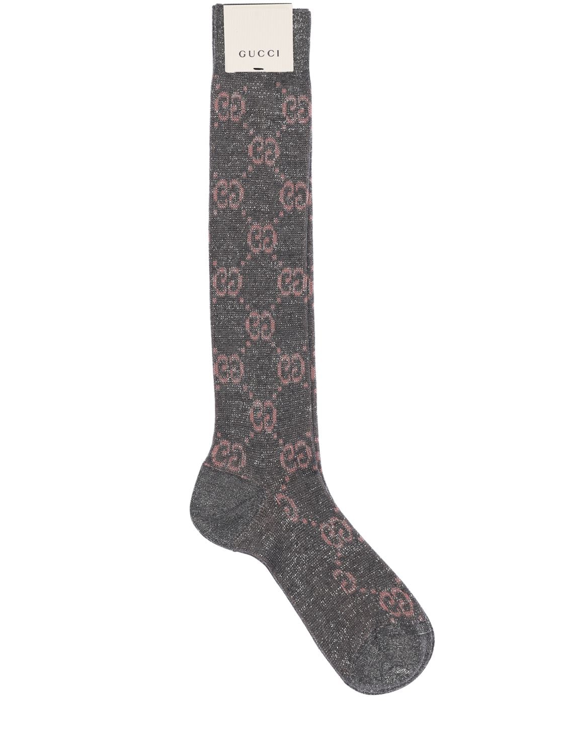 Gucci Long Gg Jacquard Cotton Blend Socks In Lead,pink