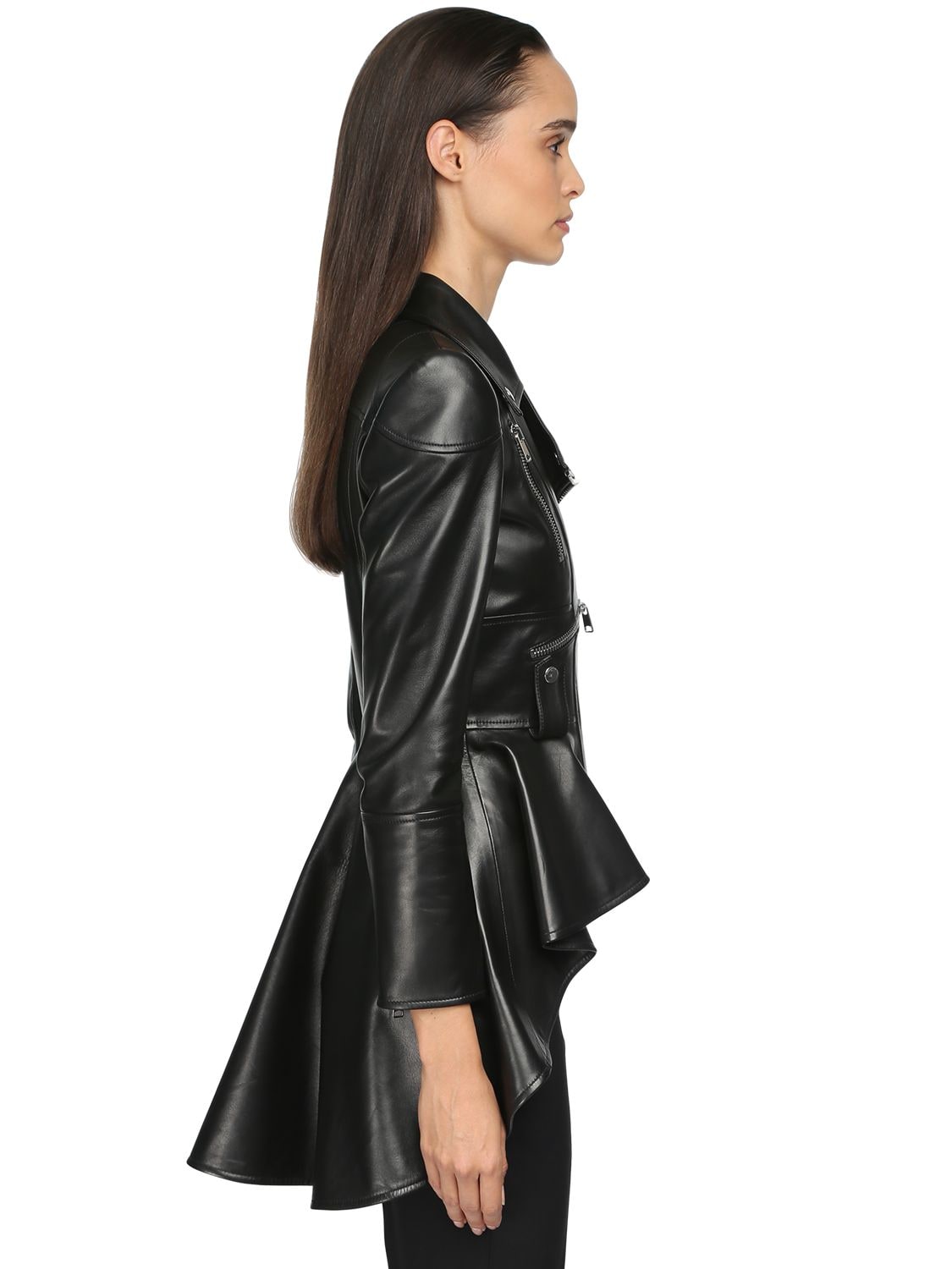 Alexander McQueen Women's Core Peplum Leather Moto Jacket - Black - Size 4