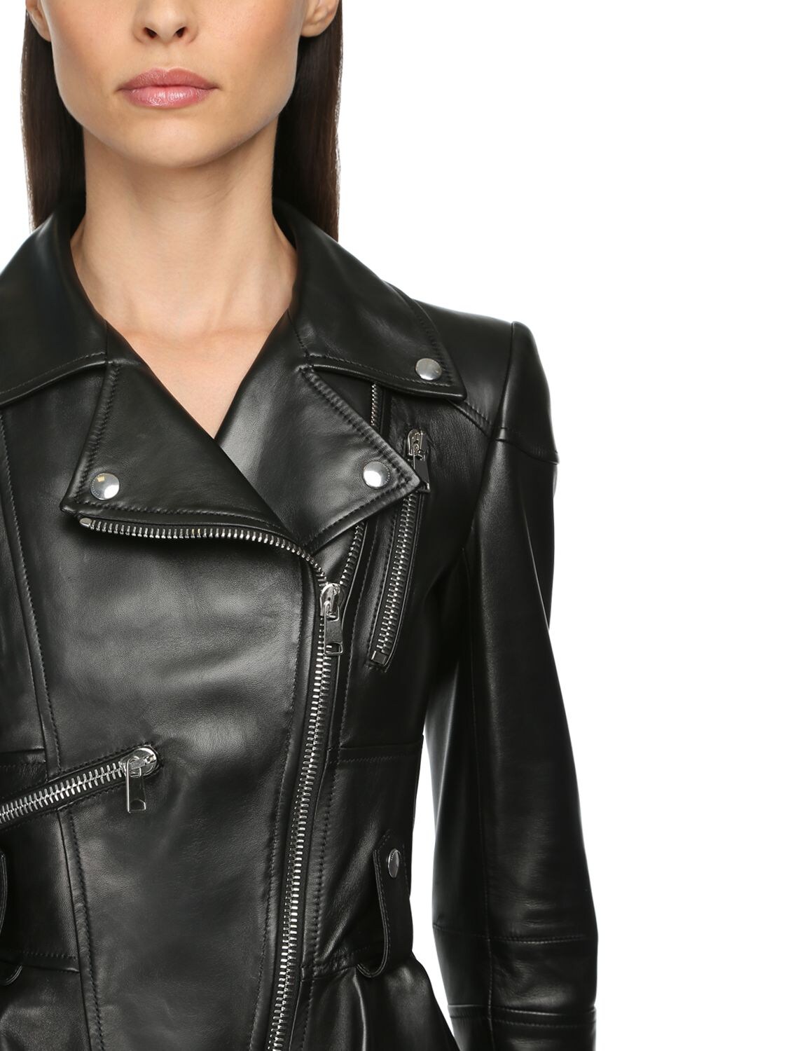 Shop Alexander Mcqueen Leather Biker Jacket W/ Peplum In Black