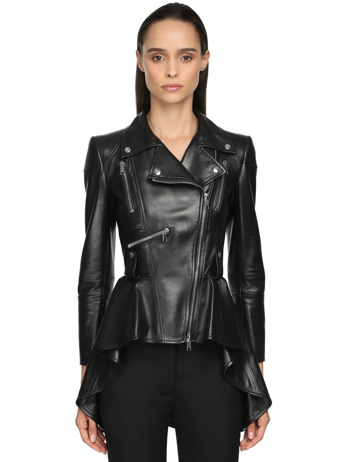 Shop Alexander Mcqueen Leather Biker Jacket W/ Peplum In Black