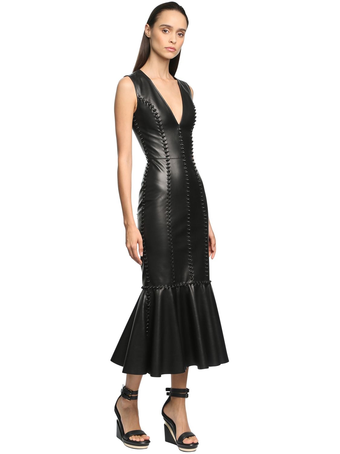 ALEXANDER MCQUEEN LEATHER FITTED MIDI DRESS W/KNOTS,71IG12056-MTAWMA2