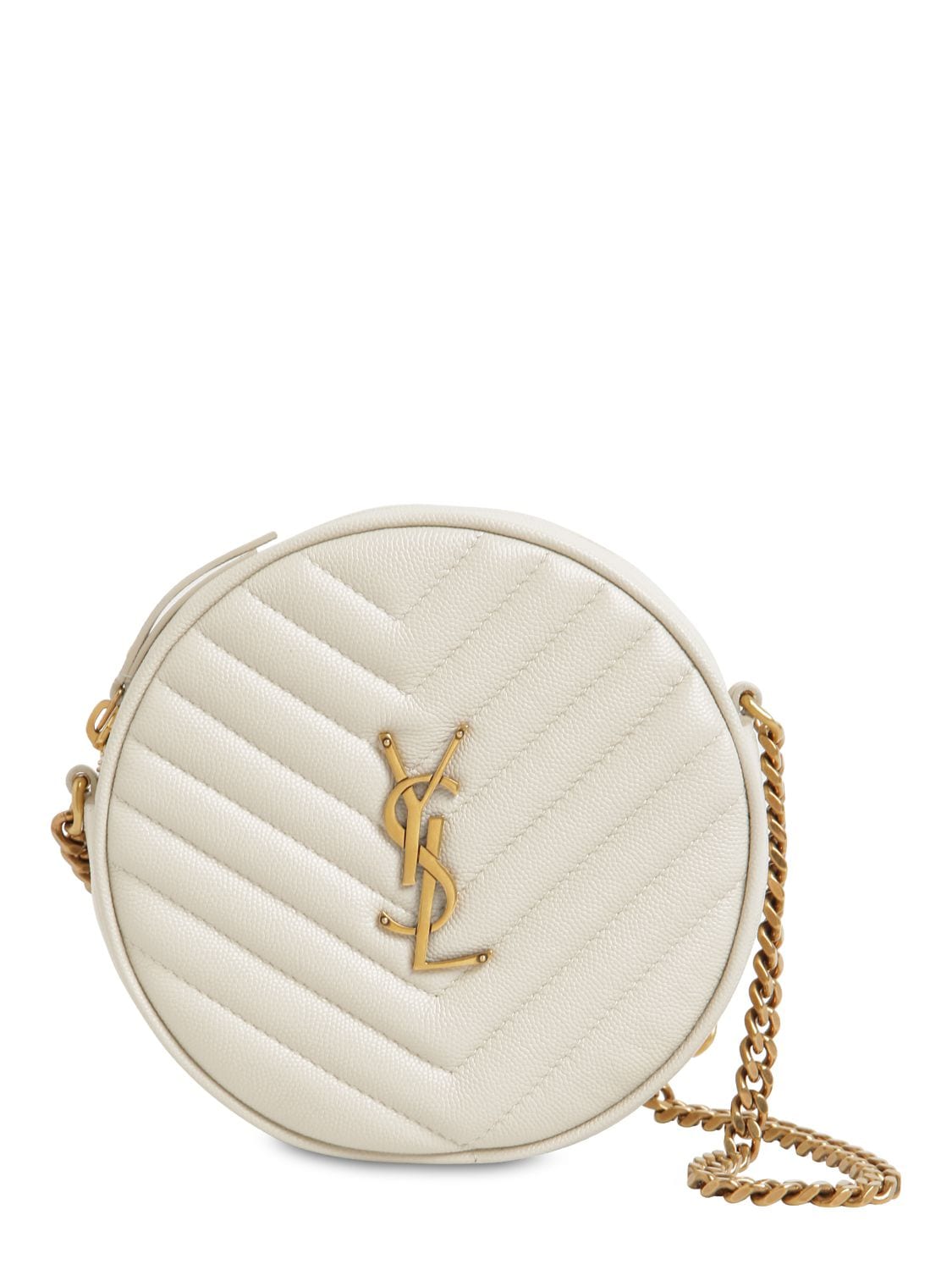 Saint Laurent Vinyle Round Quilted Leather Camera Bag In Blanc Vintage