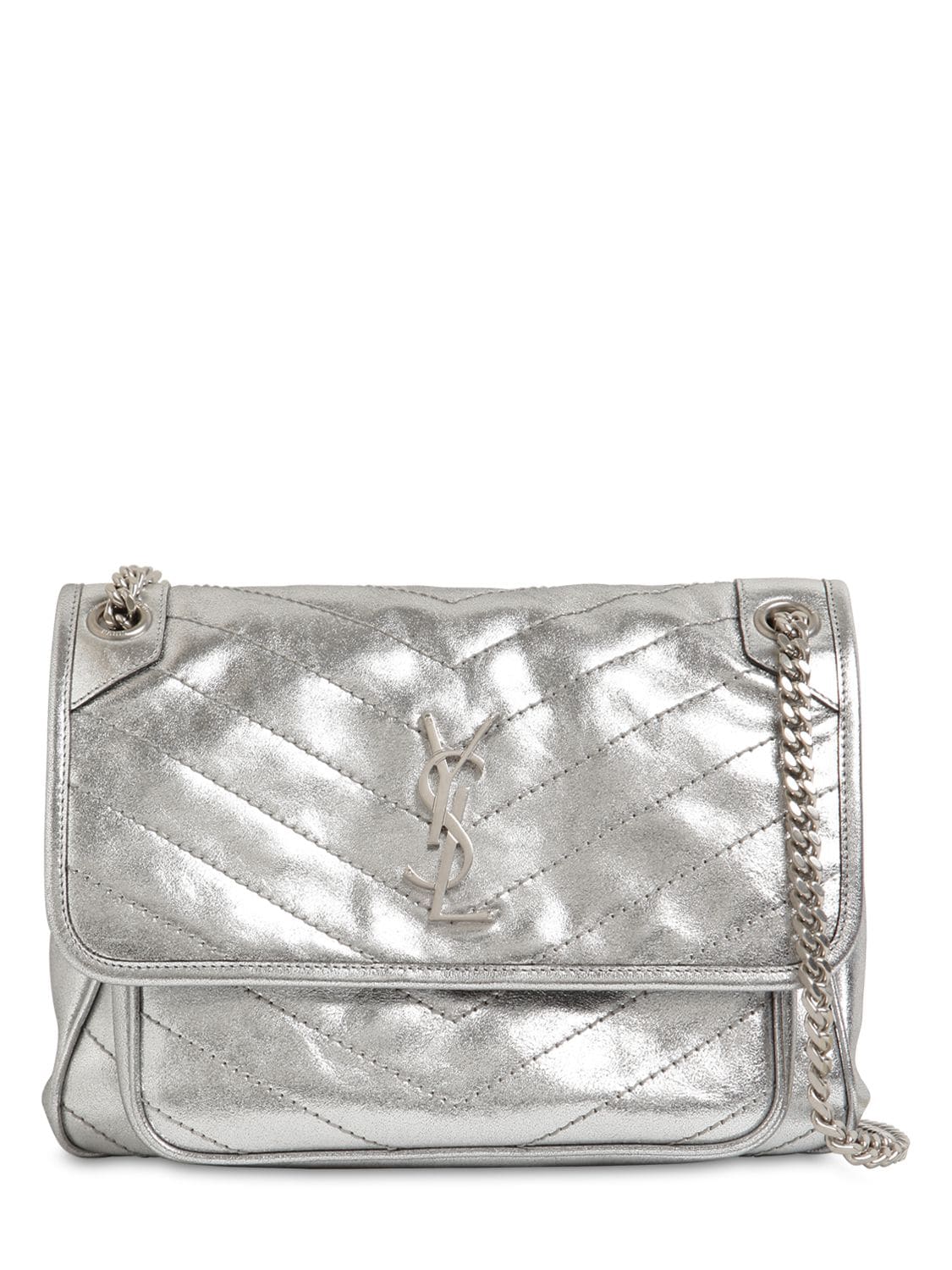 Saint Laurent Niki Monogram Metallic Leather Bag In Silver
