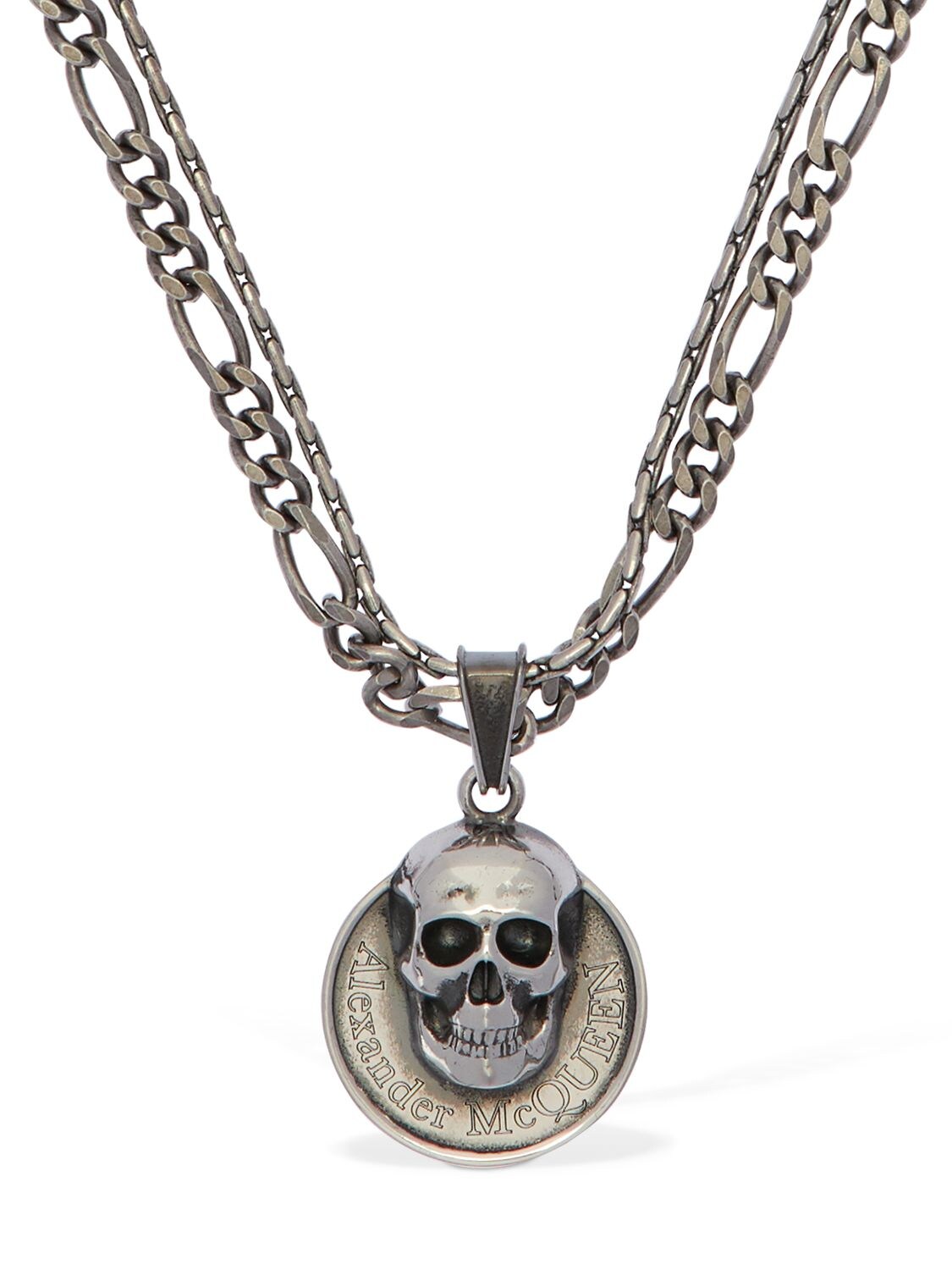 Alexander Mcqueen Skull & Logo Coin Double Chain Necklace In Silver