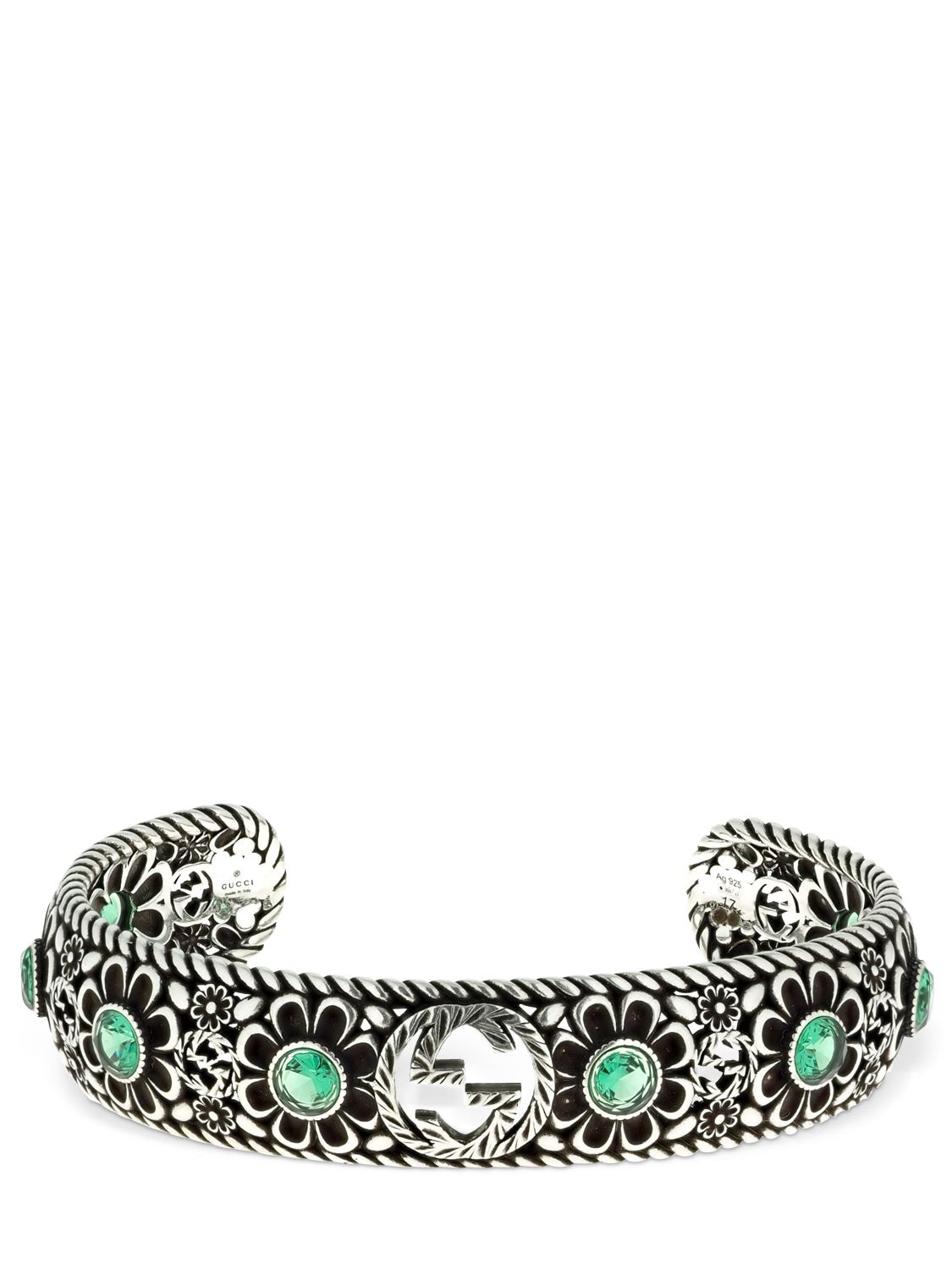 Gucci Flower &  Interlocking G Cuff Bracelet In Silver,green