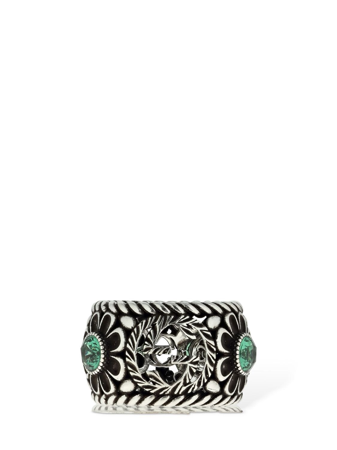 Gucci Flower & Interlocking G Ring In Silver,green