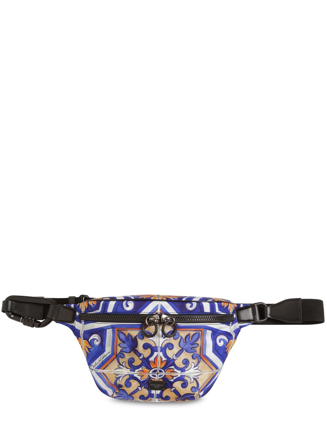 Dolce & Gabbana Maiolica Print Nylon & Leather Belt Bag In Blue