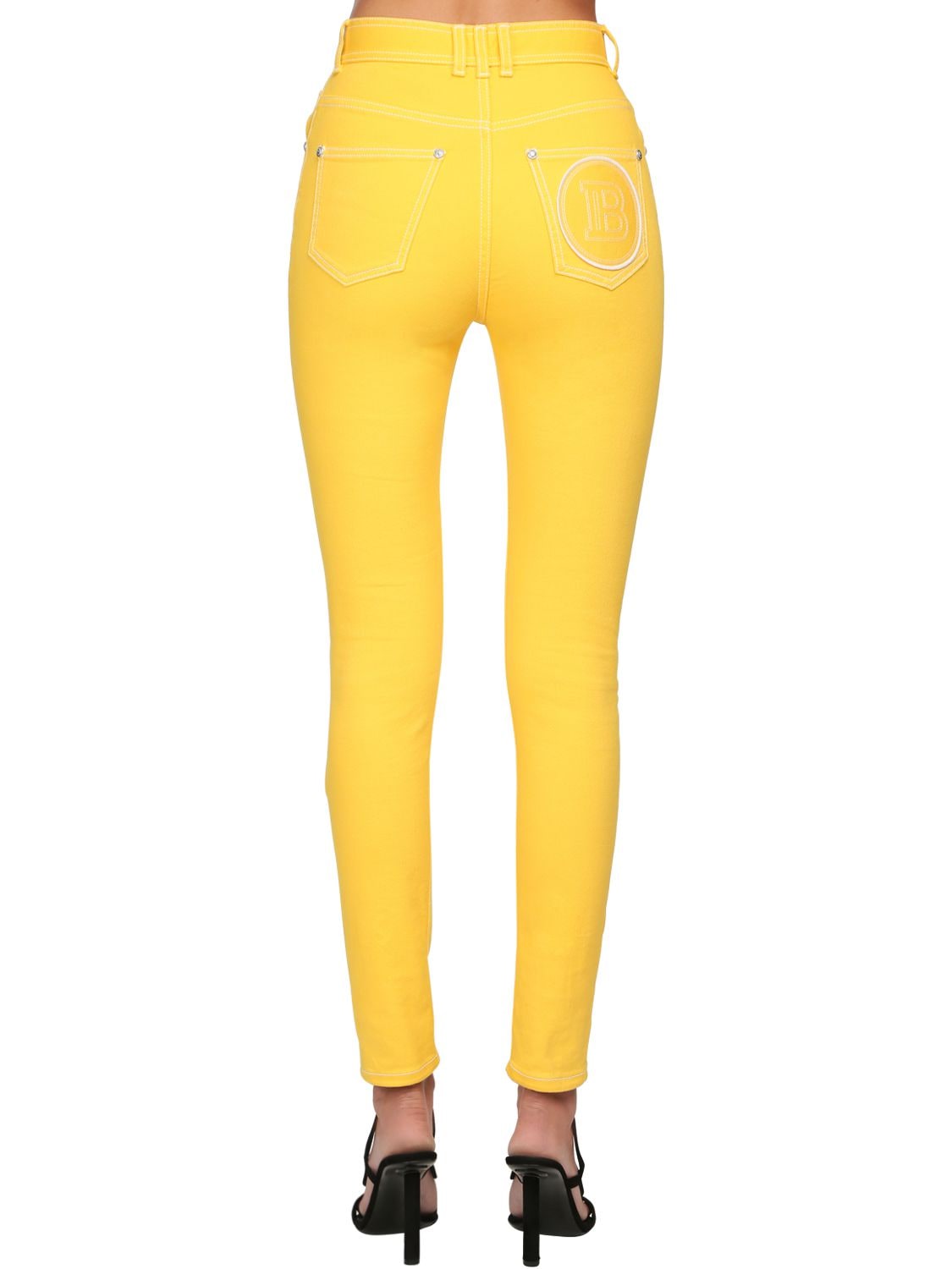 Balmain Back Logo Skinny Cotton Denim Jeans In Yellow