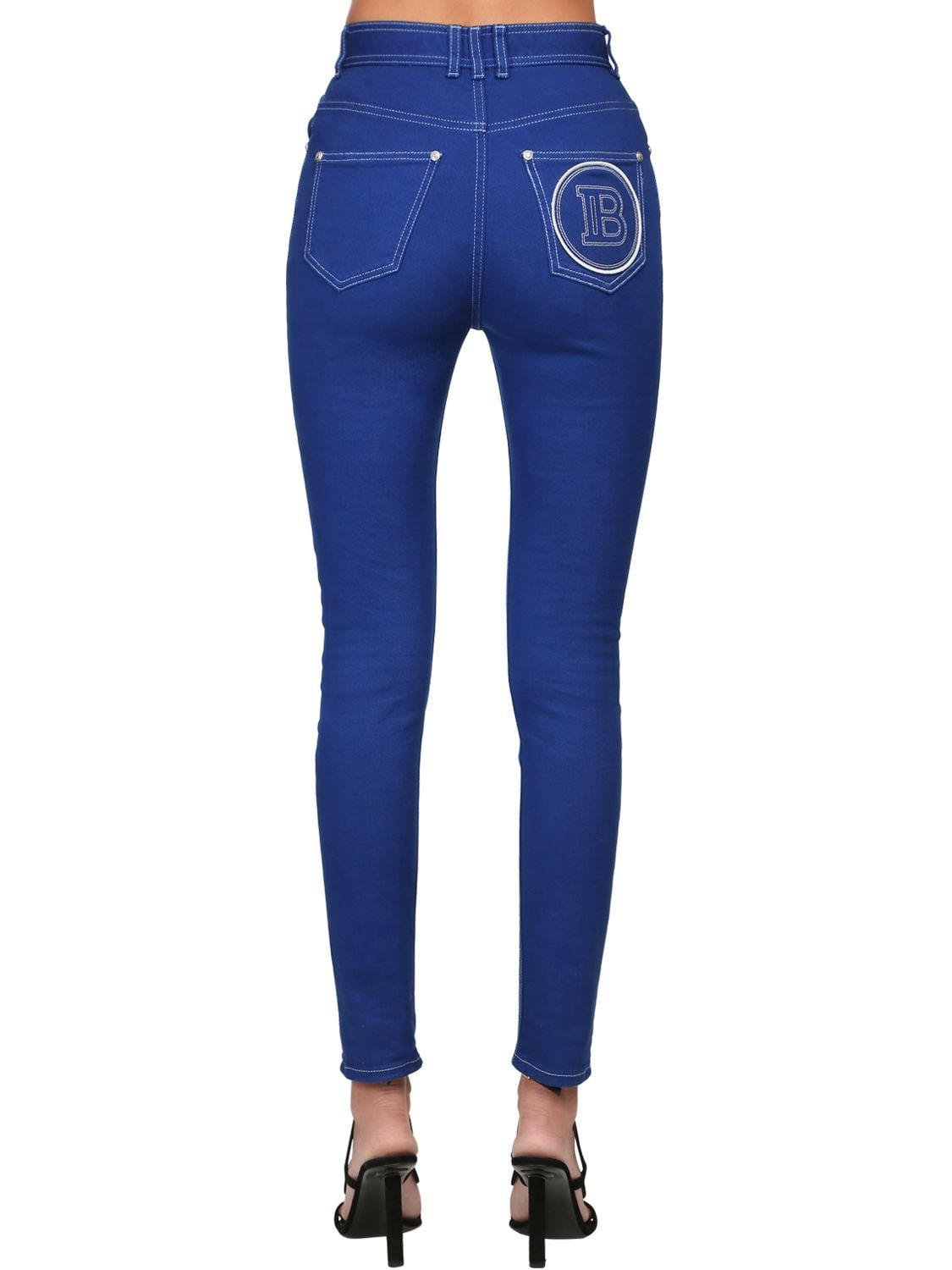 Balmain Back Logo Skinny Cotton Denim Jeans In Blue