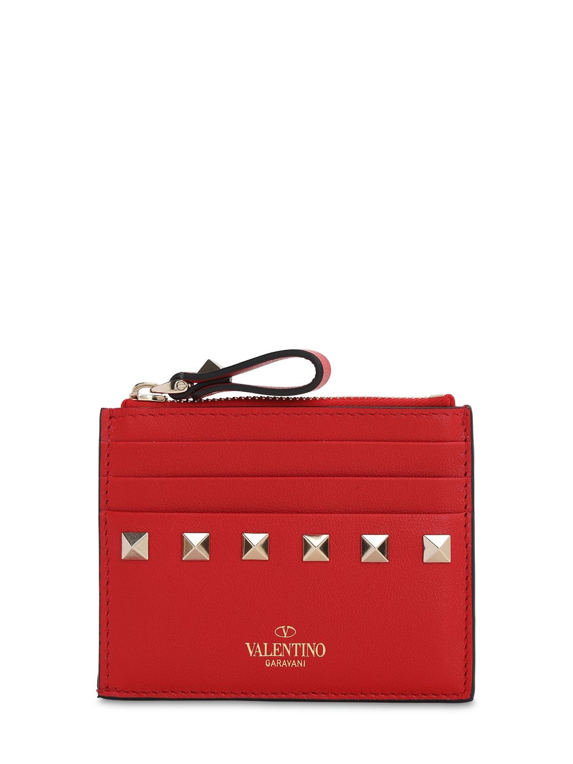 Valentino Garavani Rockstud Leather Card Holder In Rouge Pure