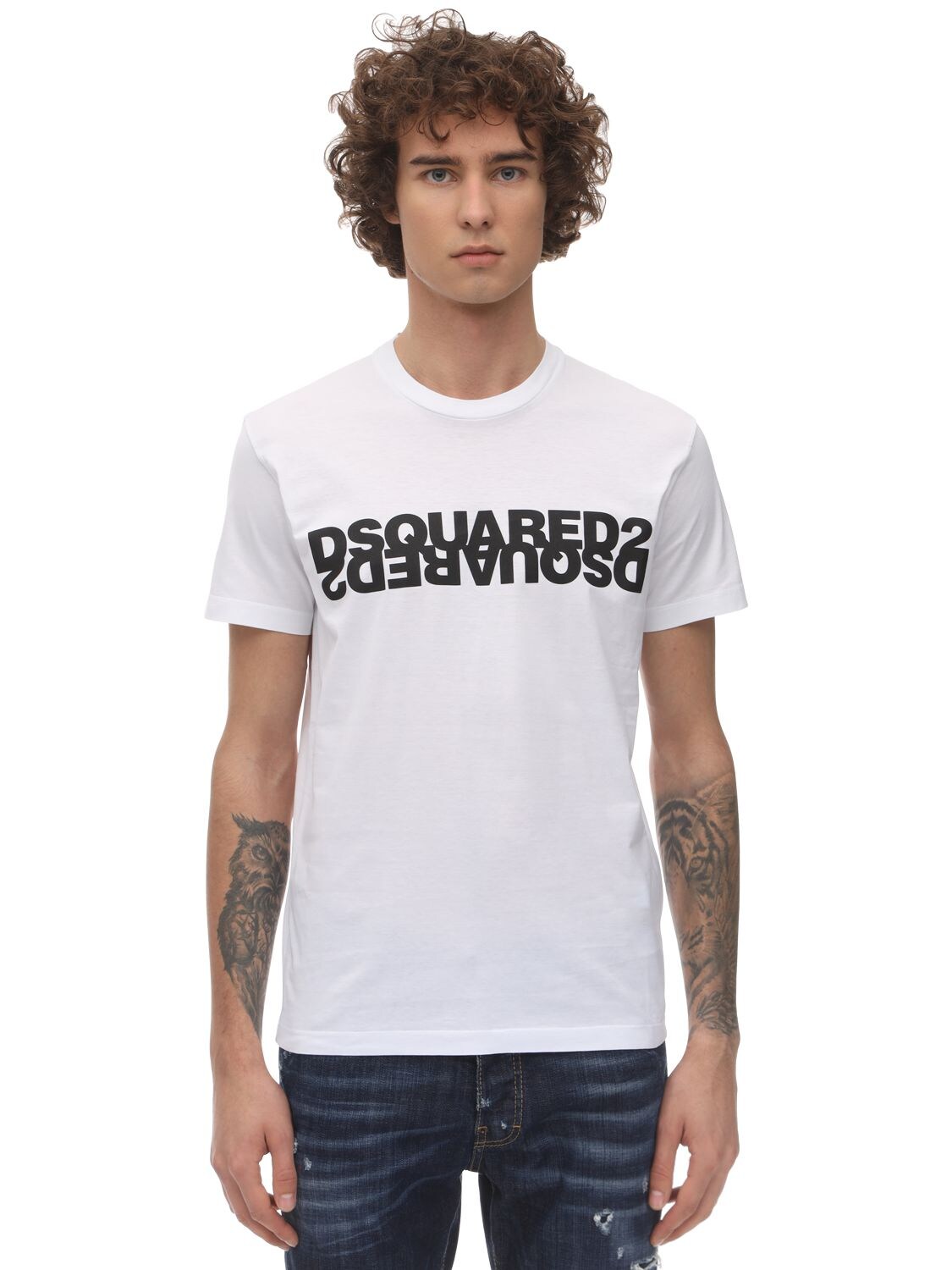 DSQUARED2 MIRROR LOGO PRINT COTTON JERSEY T-SHIRT,71IG7E065-OTYZWA2