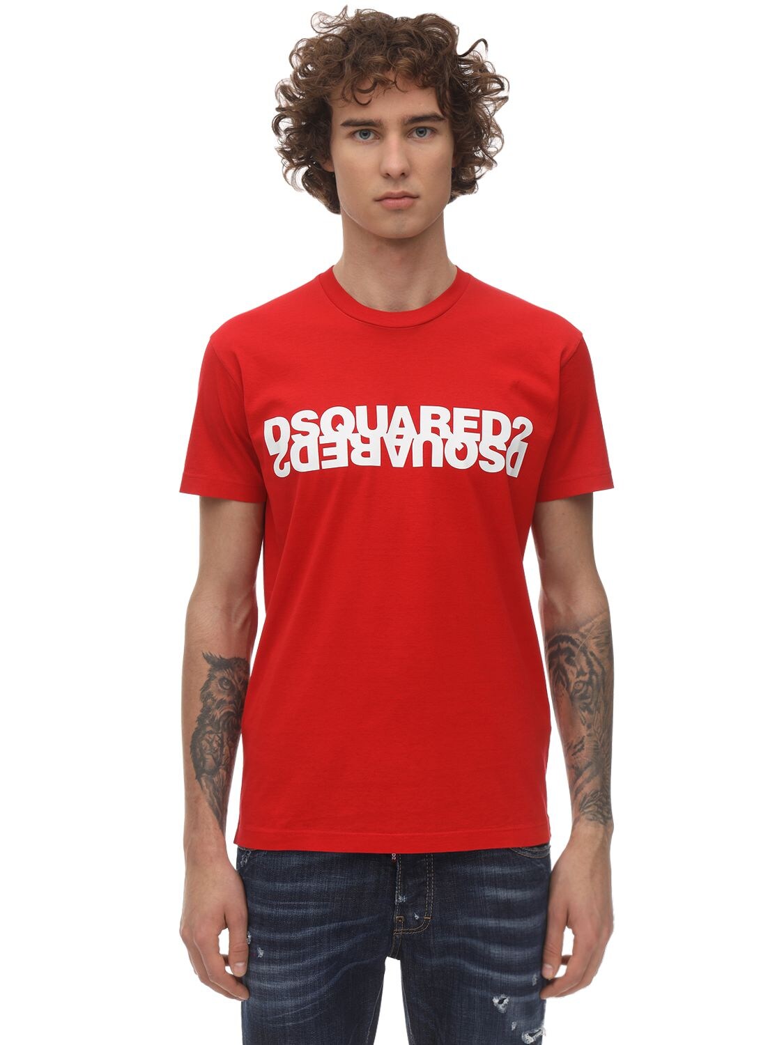 DSQUARED2 MIRROR LOGO PRINT COTTON JERSEY T-SHIRT,71IG7E065-MZA30