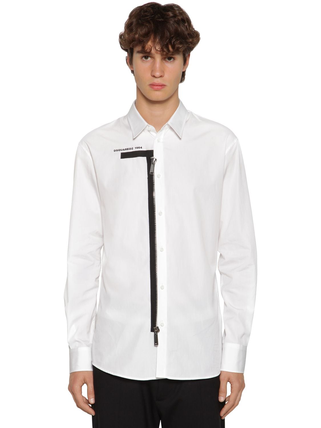 Dsquared2 Logo Printed Cotton Poplin Shirt W/ Zip In White