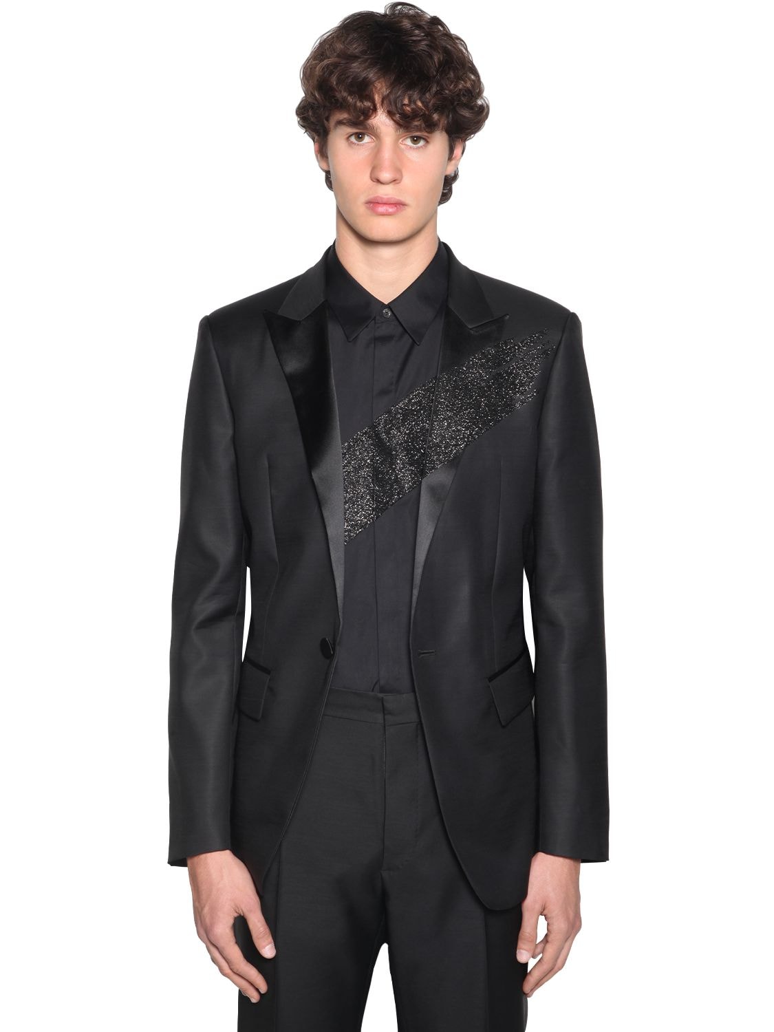 Dsquared2 Black Glittered Wool-blend Tuxedo Jacket