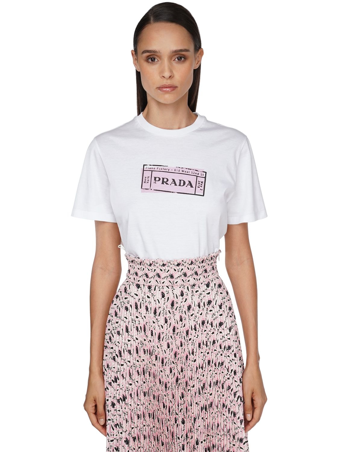 Prada Logo Print Cotton Jersey T-shirt In White,pink | ModeSens