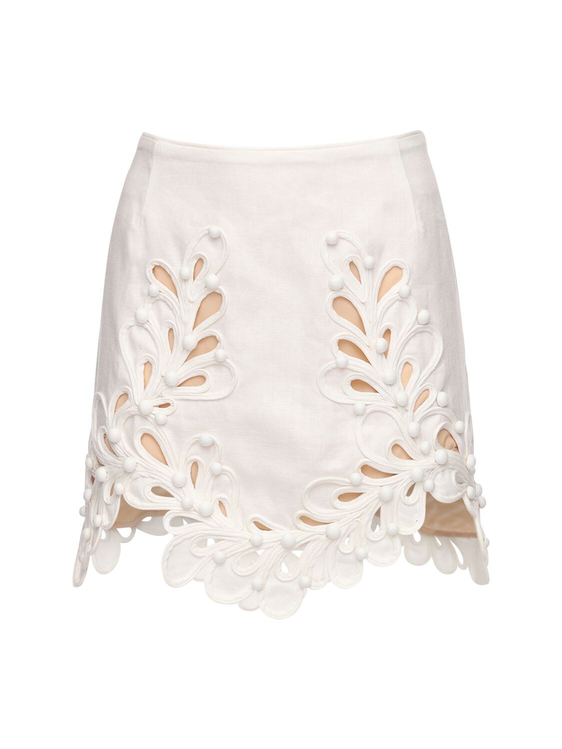 Zimmermann Brightside Rouleaux Embellished Cutout Linen Mini Skirt In Ivory