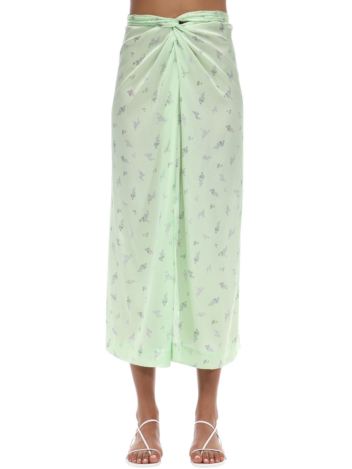 Ganni Stretch Silk Satin Midi Skirt In Green | ModeSens