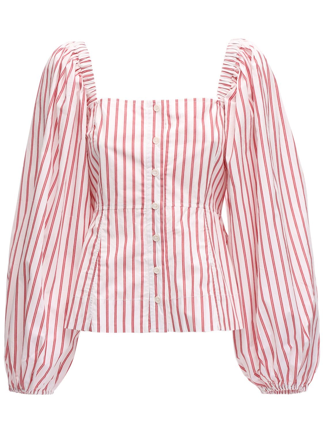 Ganni Striped Cotton Poplin Shirt In White,red | ModeSens