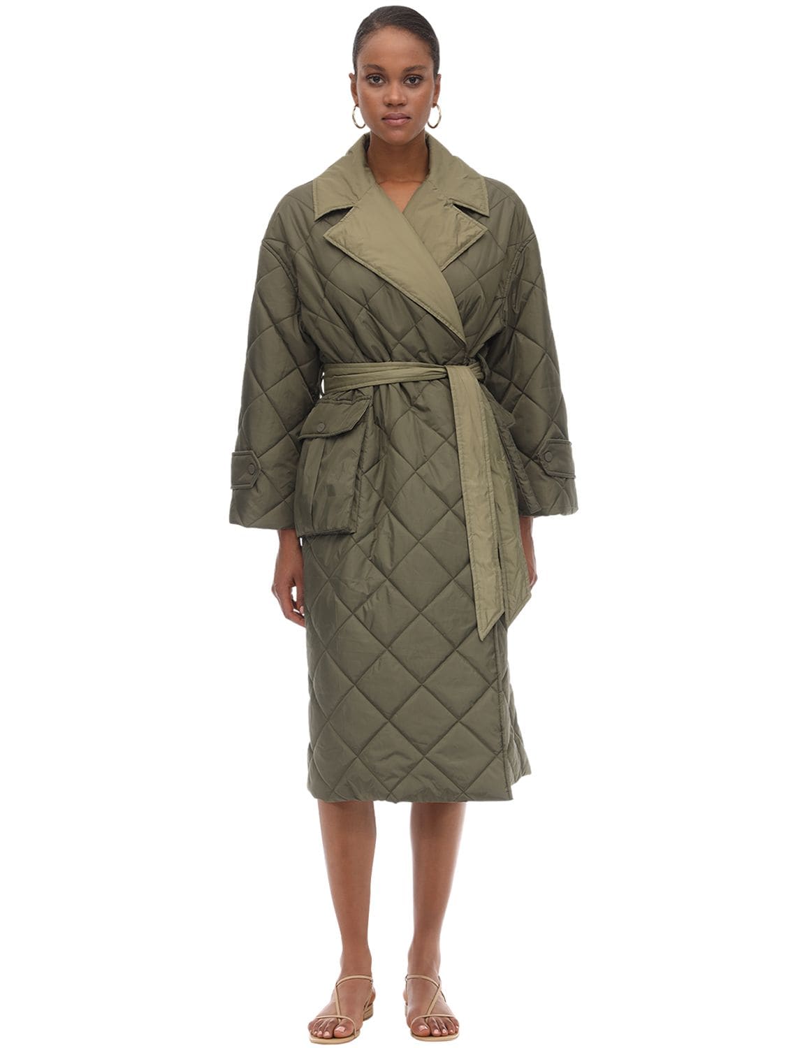 Ganni Recycled Nylon Light Puffer Trench Coat In Olive Green