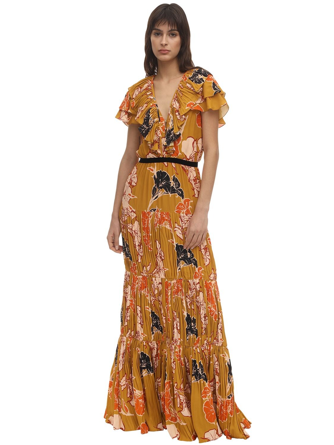 Printed Creped De Chine Long Dress