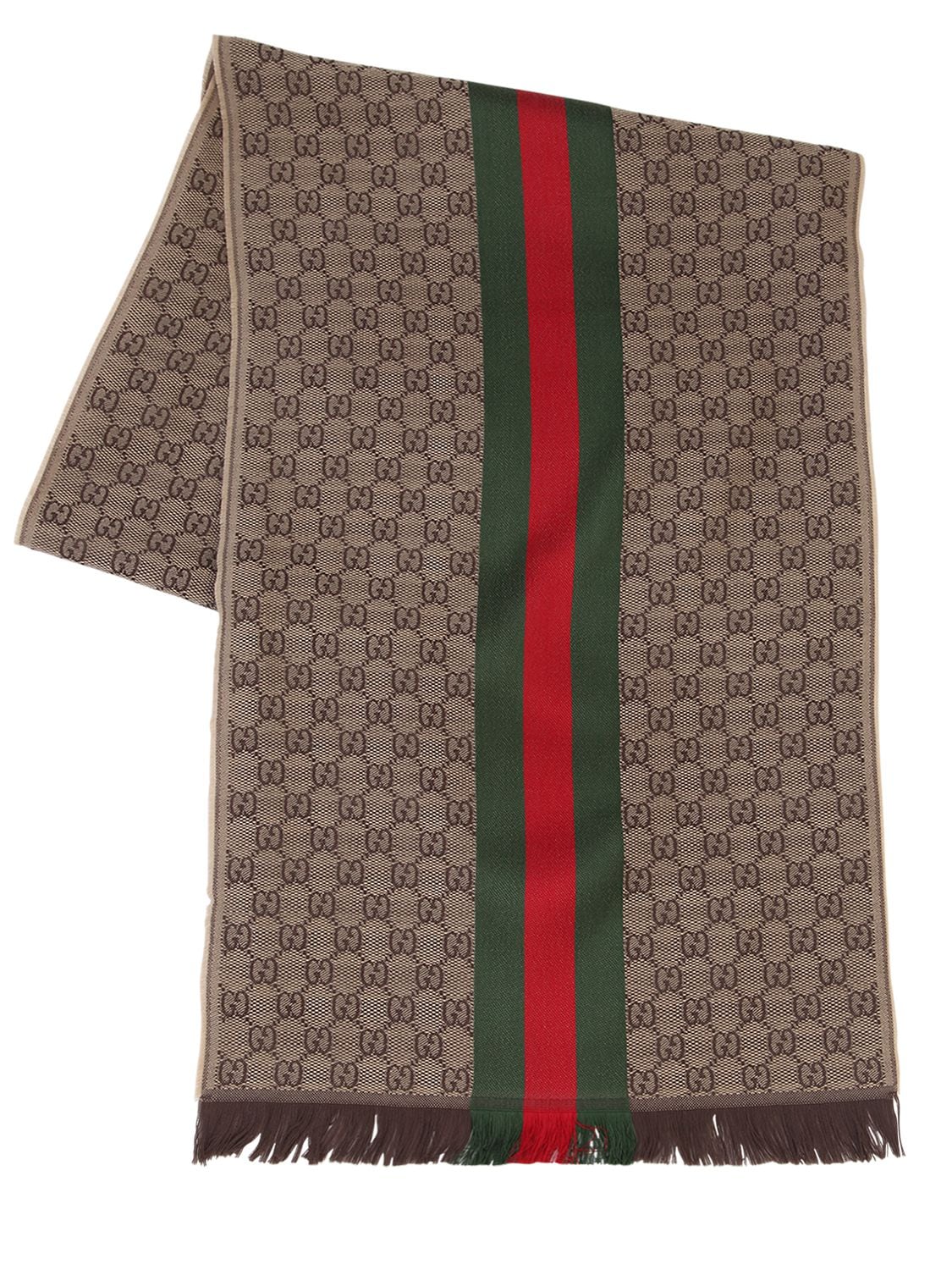 Gucci Logo Wool & Silk Scarf In Beige,brown