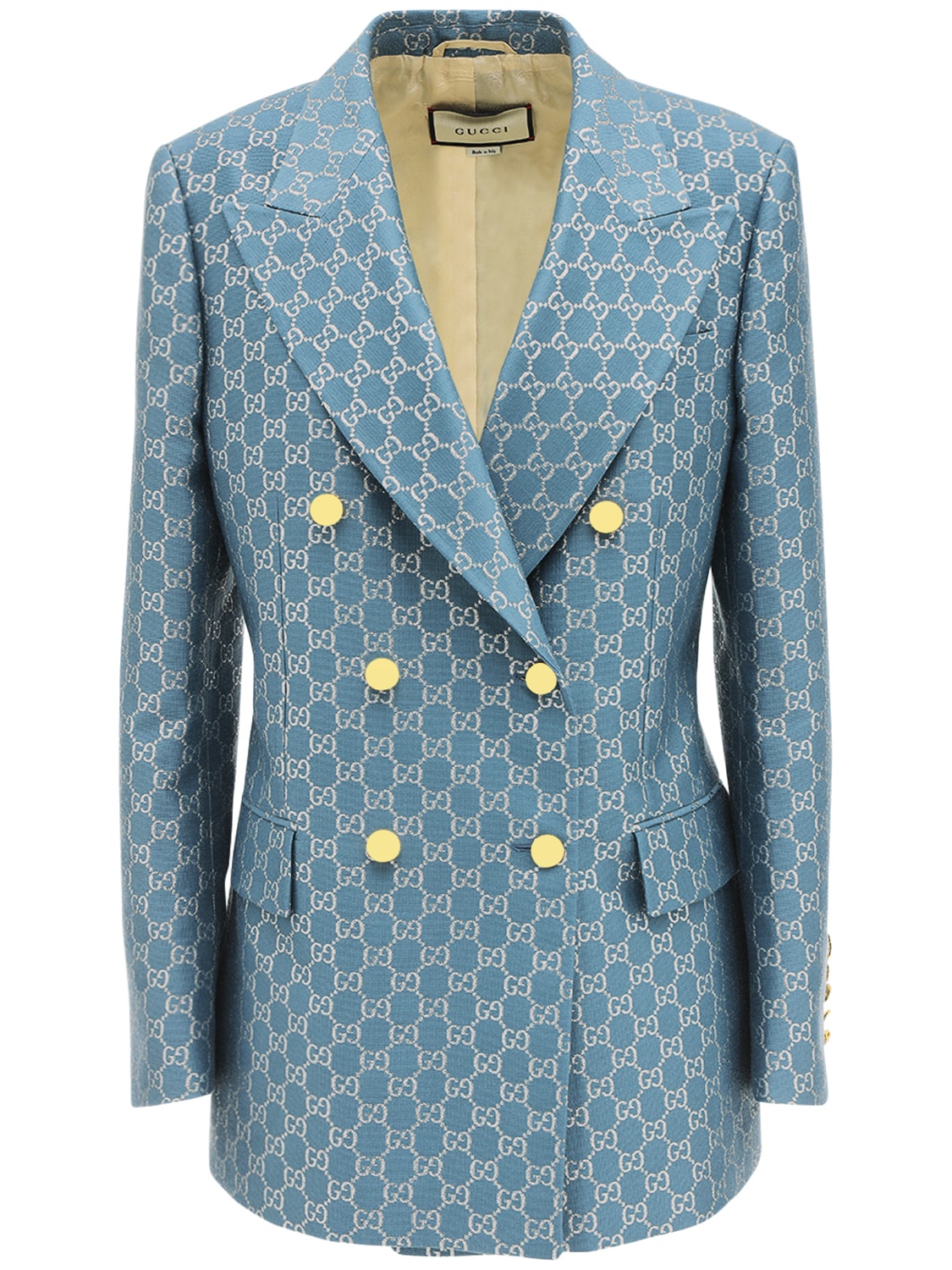 Gucci Gg Double Breasted Wool Lamé Jacket In Blue | ModeSens