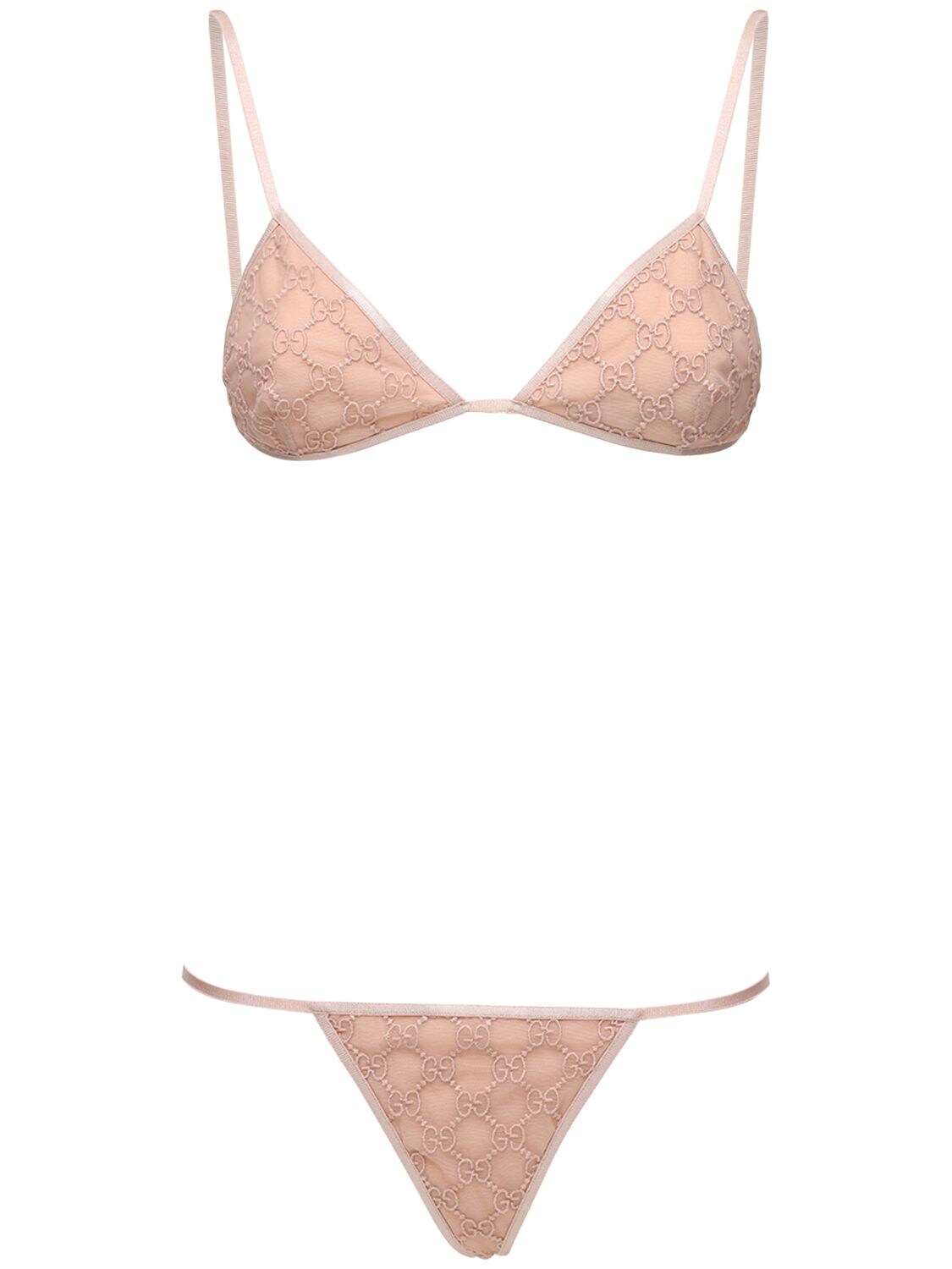 Gucci Gg Embroidered Tulle Bra & Briefs Set In Nude