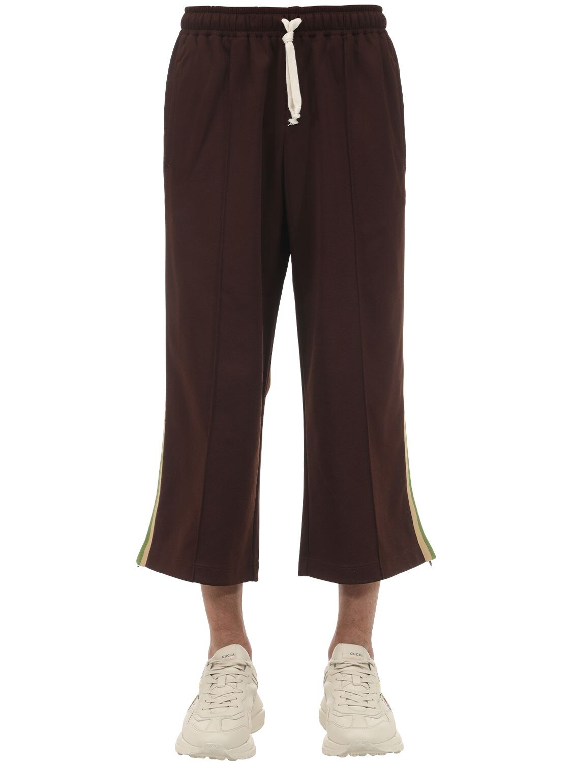 Gucci Cropped Techno Cotton Blend Jersey Pants In Brown