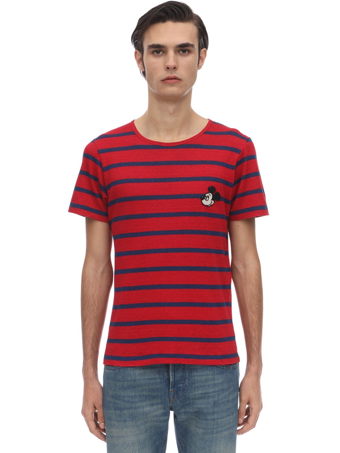 GUCCI STRIPED LINEN COTTON BLEND PATCH T-SHIRT,71IH0K011-NJA2NQ2