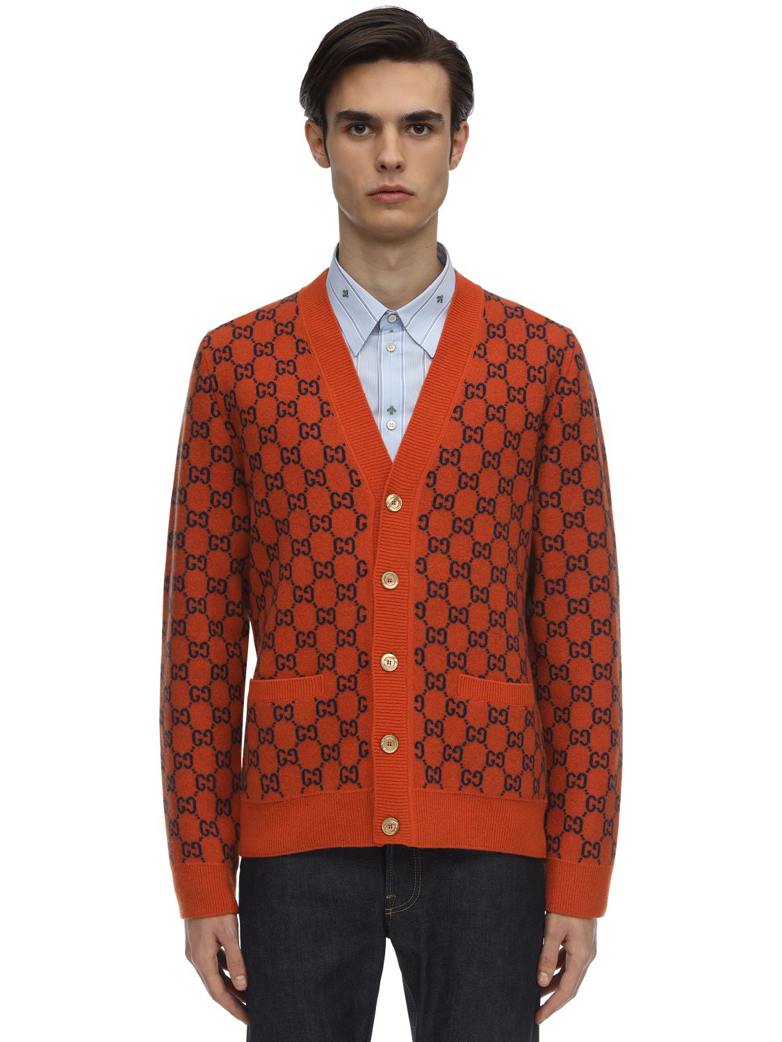 Gucci Jaquard Knit Wool Cashmere Cardigan In Orange,blu