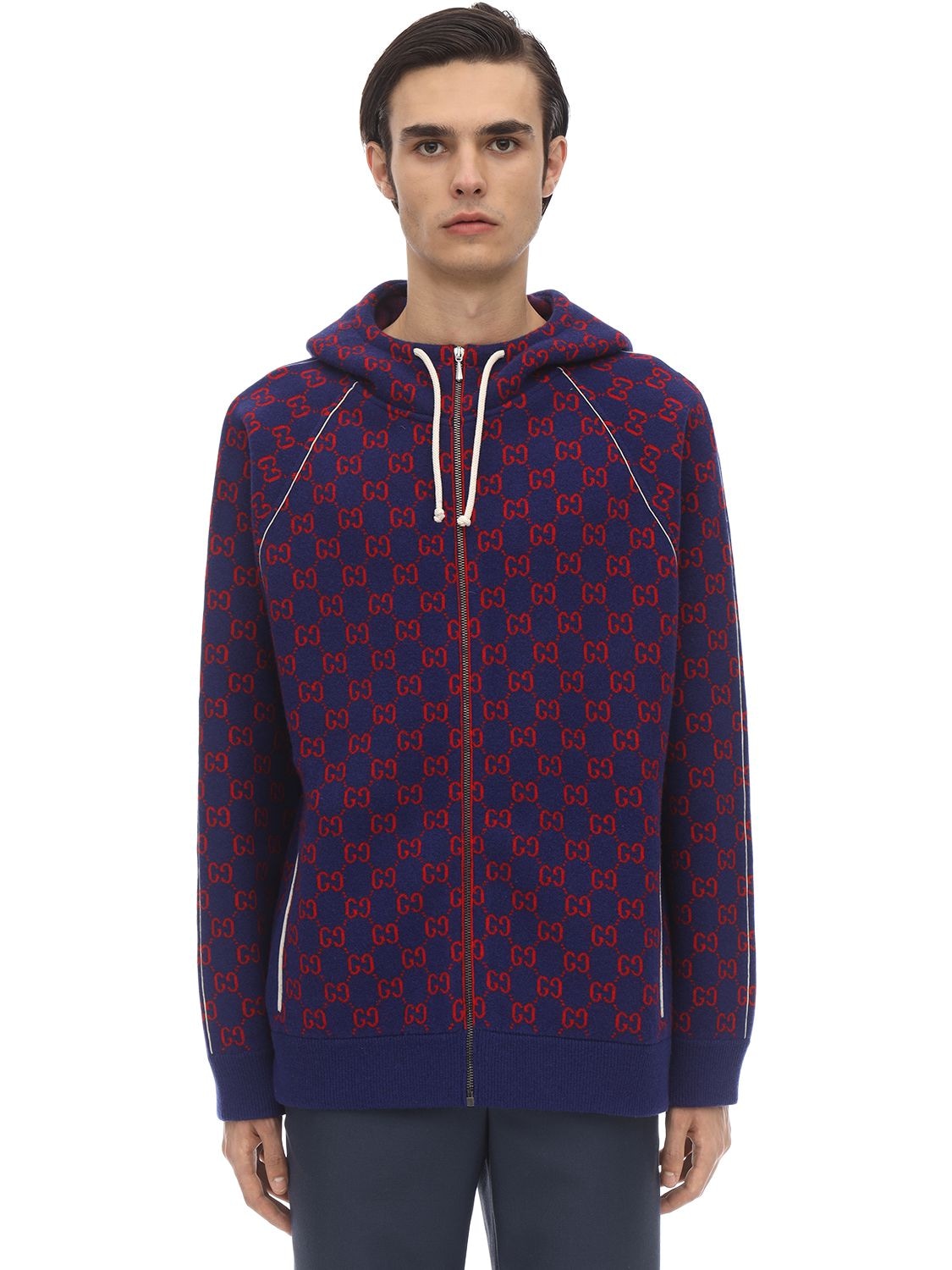 Gucci Logo-jacquard Wool And Cashmere-blend Zip-up Hoodie In Blue,red