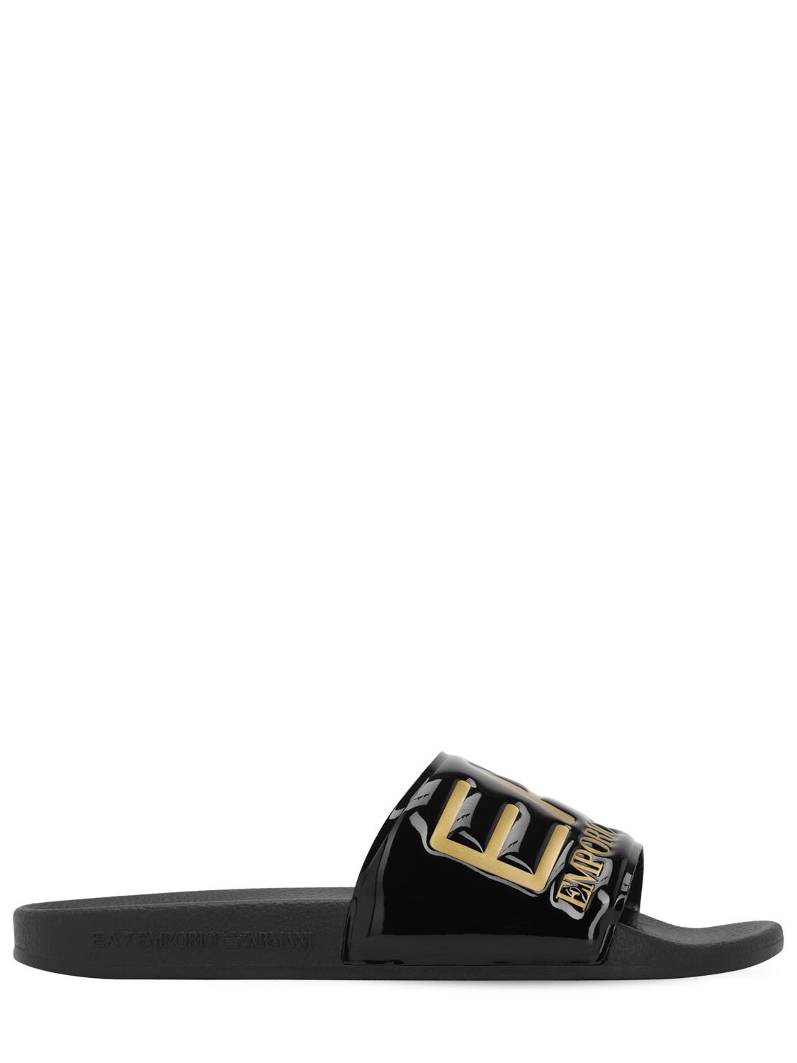 Ea7 Logo Rubber Slide Sandals In Black,gold