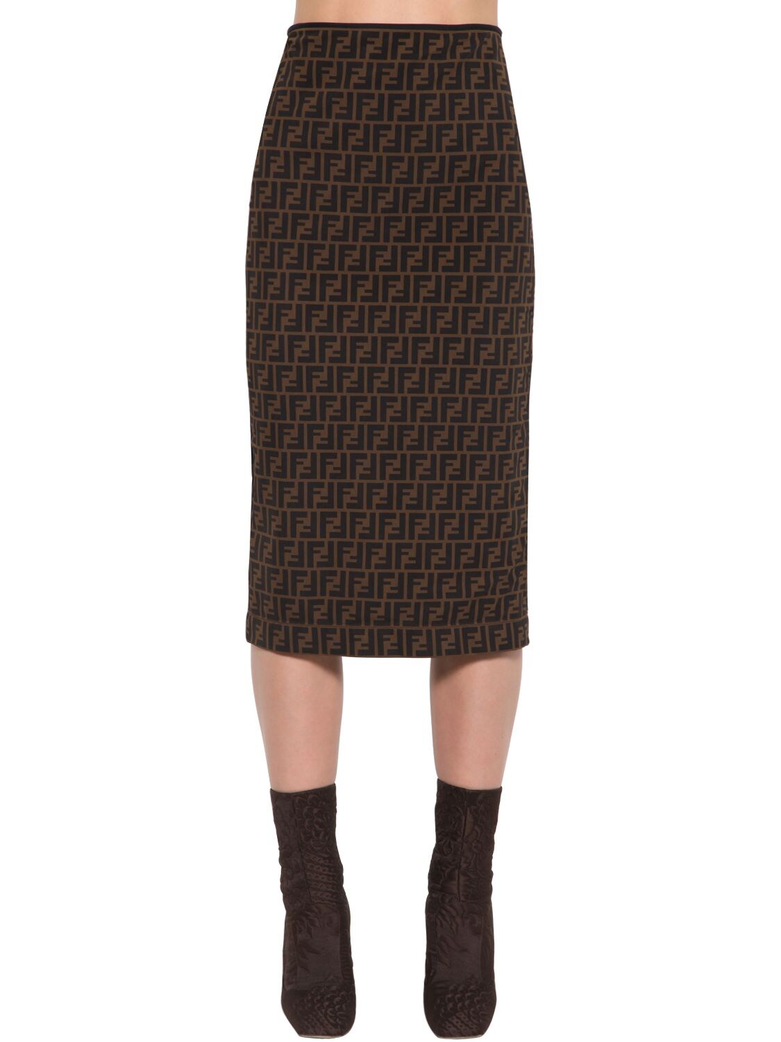 Fendi All Over Logo Intarsia Pencil Skirt In Brown,black