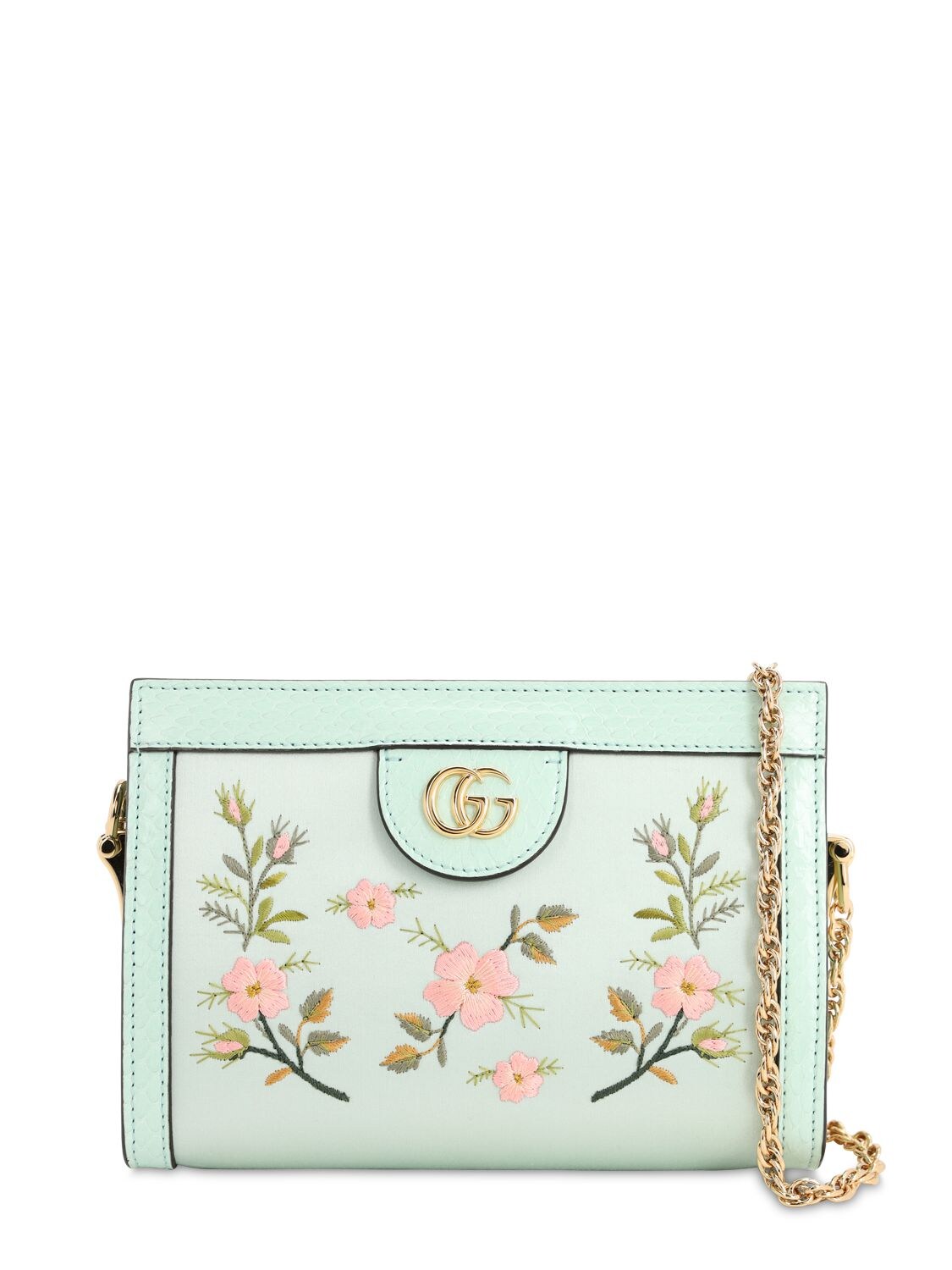 Gucci Ophidia Embroidered Satin Clutch In Sky Blue