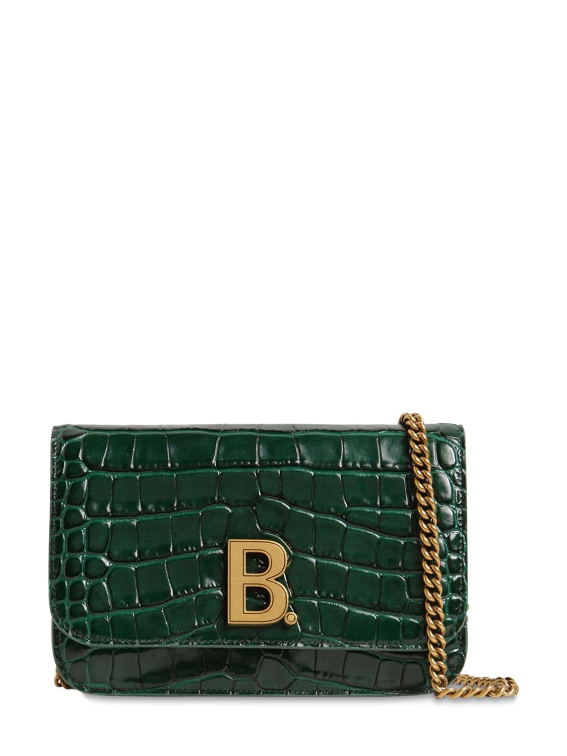 Balenciaga Bdot Croc Embossed Leather Chain Wallet In Forest Green