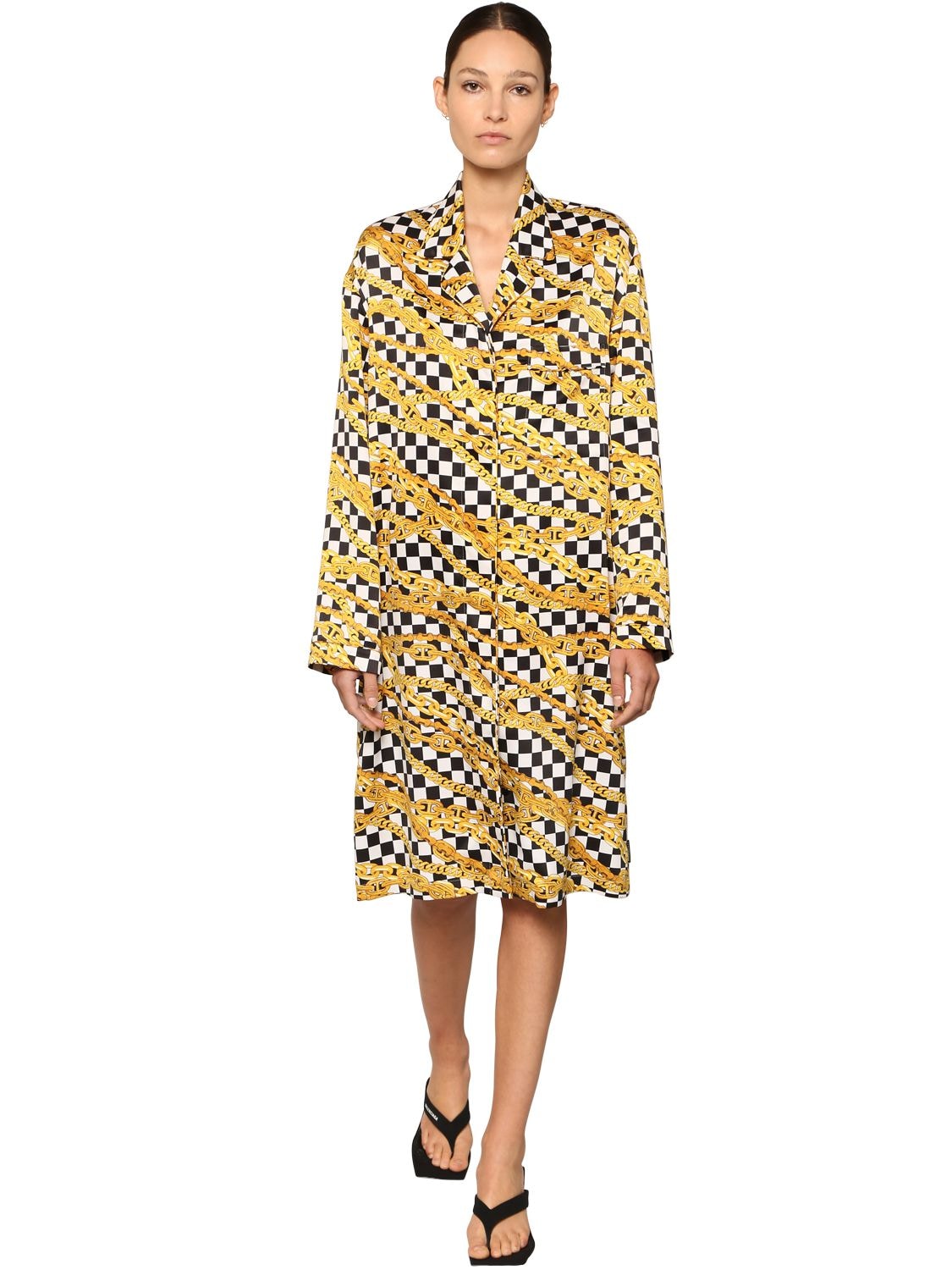 Balenciaga Printed Chains Light Satin Midi Dress In Yellow | ModeSens