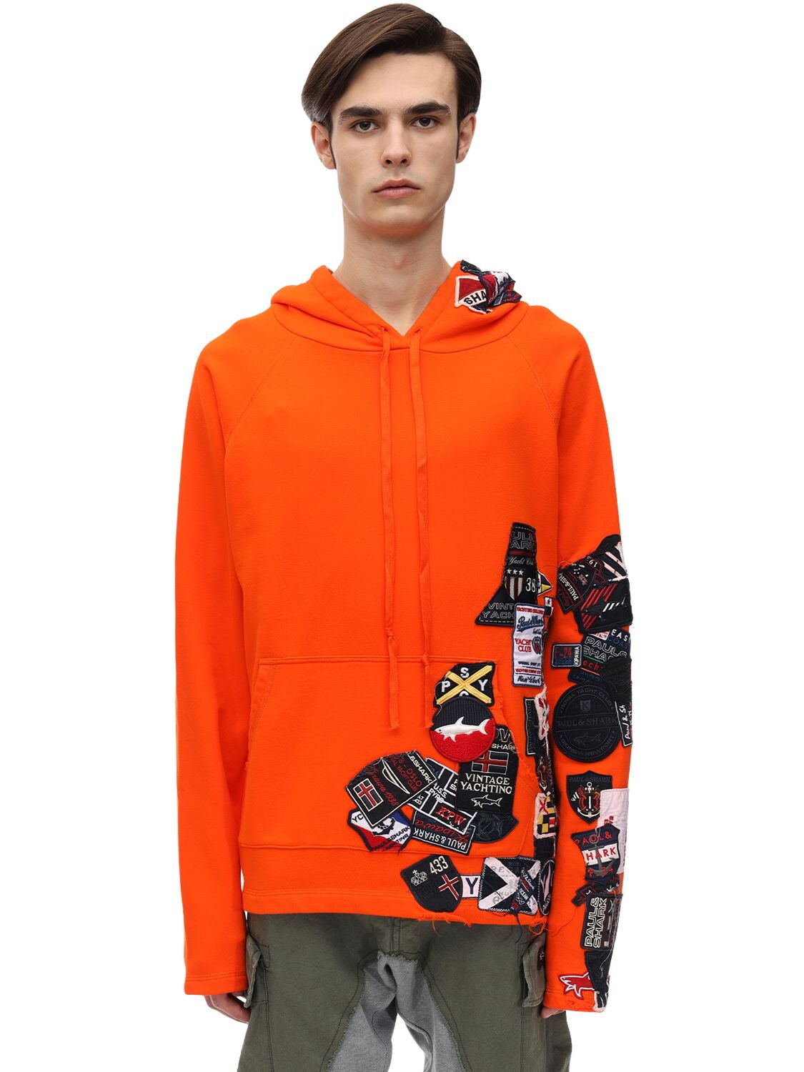 Paul & Shark X Greg Lauren Oversize Cotton Jersey Hoodie W/patches In Orange
