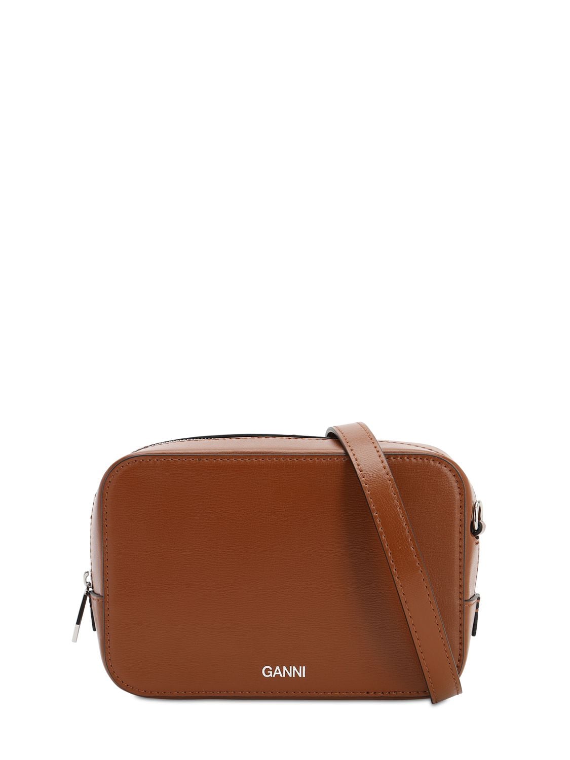 Ganni Smooth Leather Camera Bag In Cognac