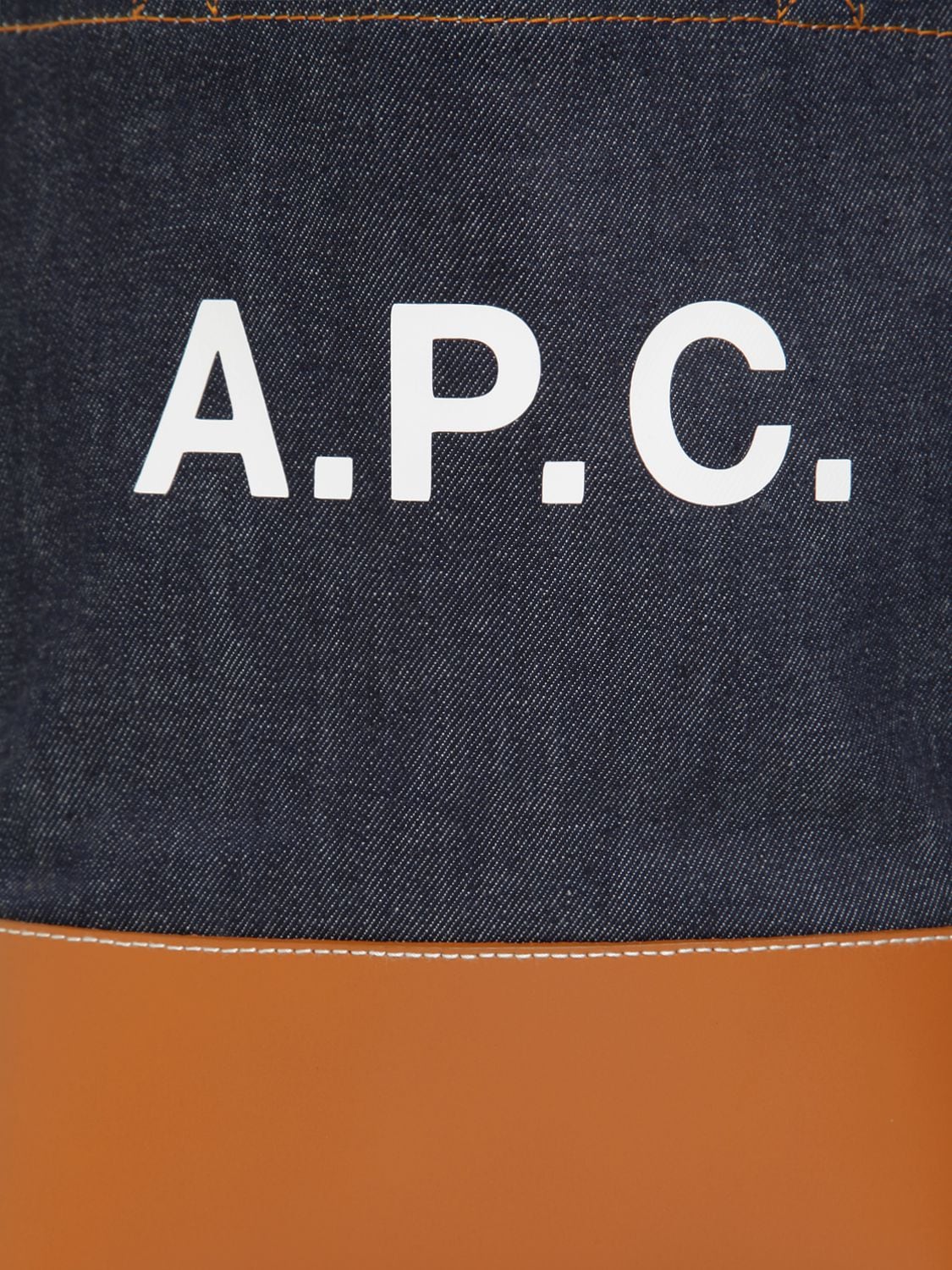 Shop Apc Small Logo Denim & Leather Tote Bag In Blue,caramel