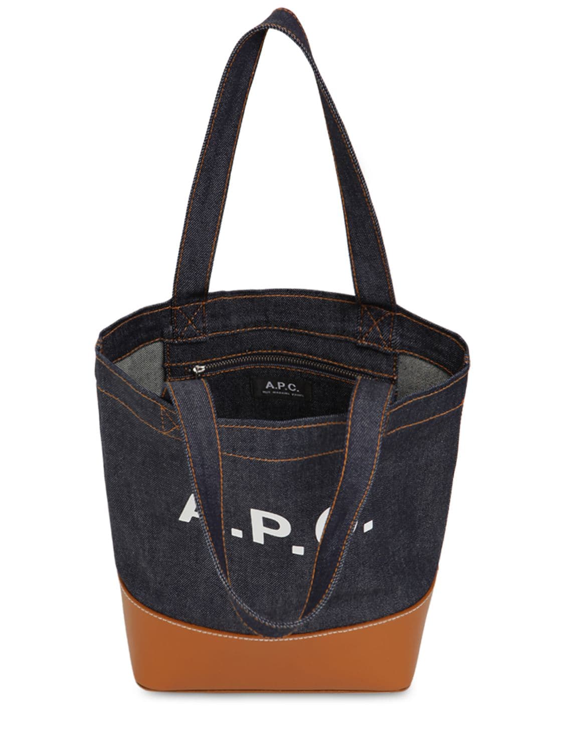 Shop Apc Small Logo Denim & Leather Tote Bag In Blue,caramel