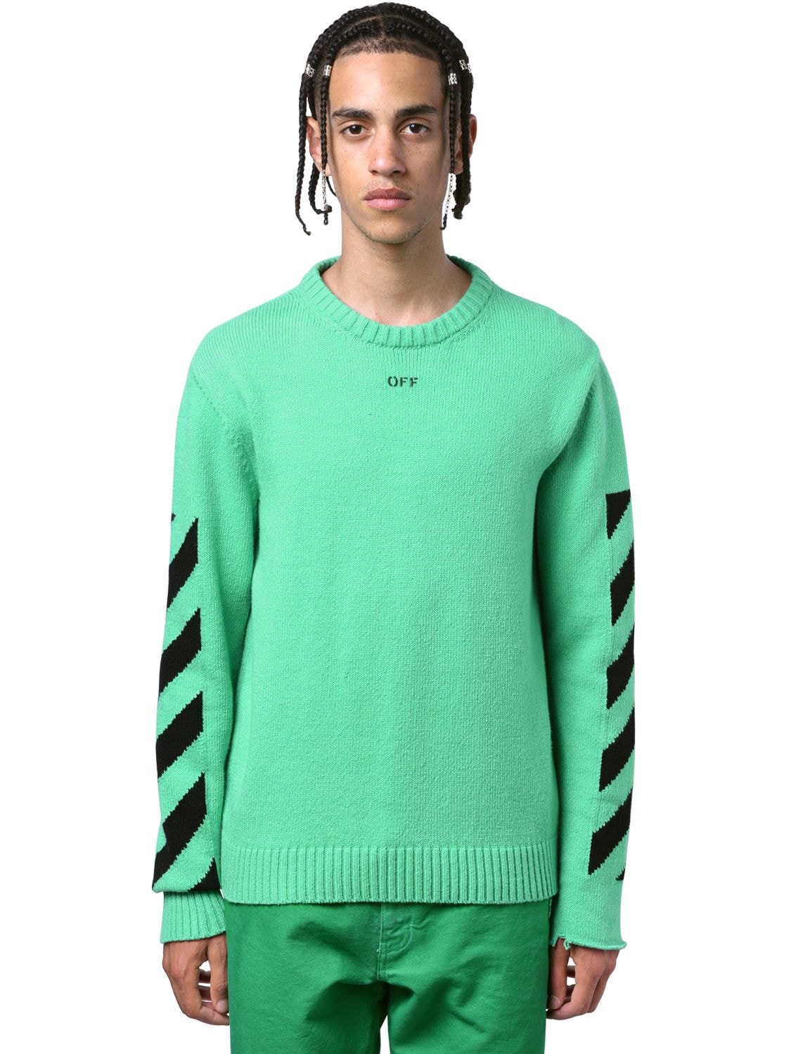 Off-white Diagonal Stripes Cotton Knit Sweater In Green,black | ModeSens