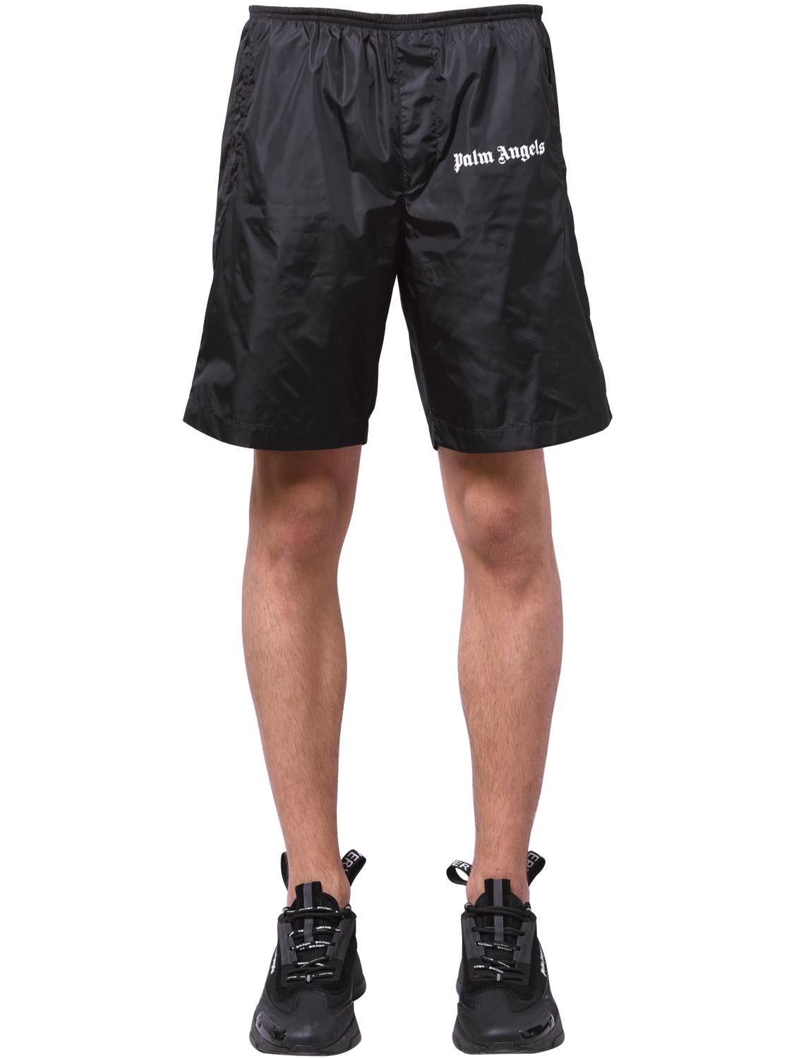 Palm Angels Logo Print Nylon Swim Shorts In Black,white