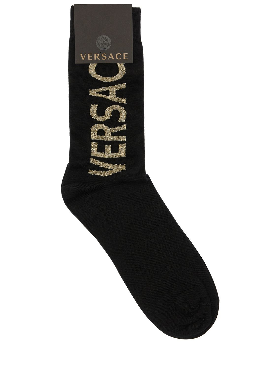 Versace Logo Cotton Blend Socks In Black,gold