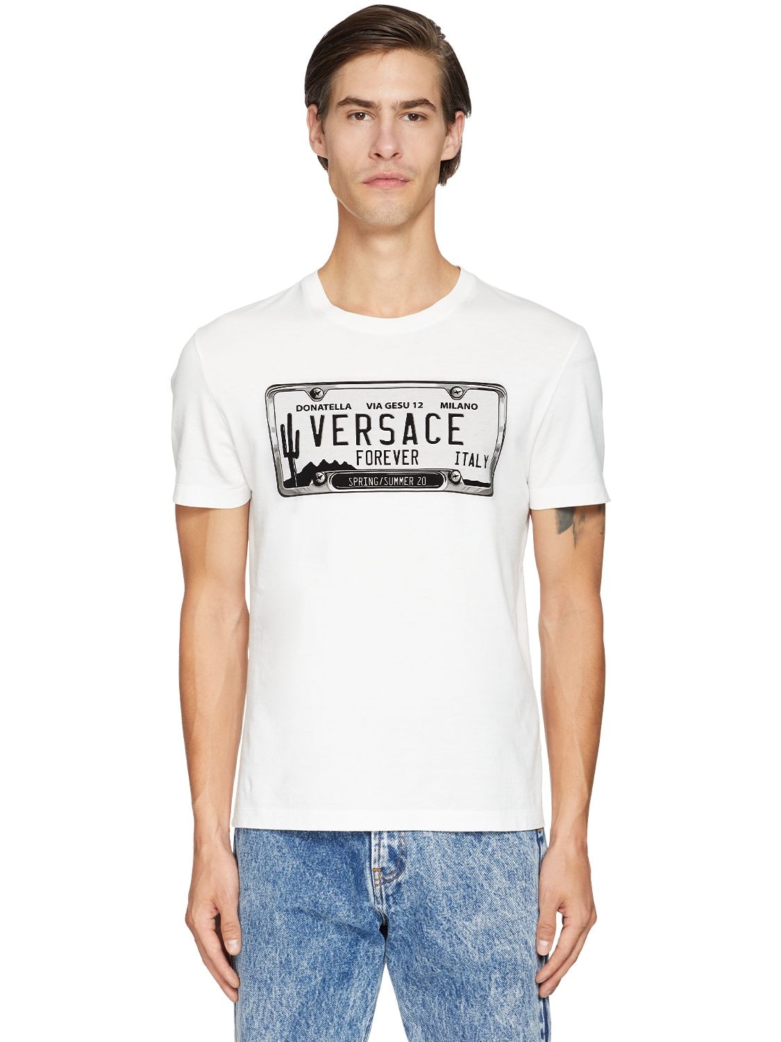 Versace Printed Logo Cotton T-shirt In Off-white