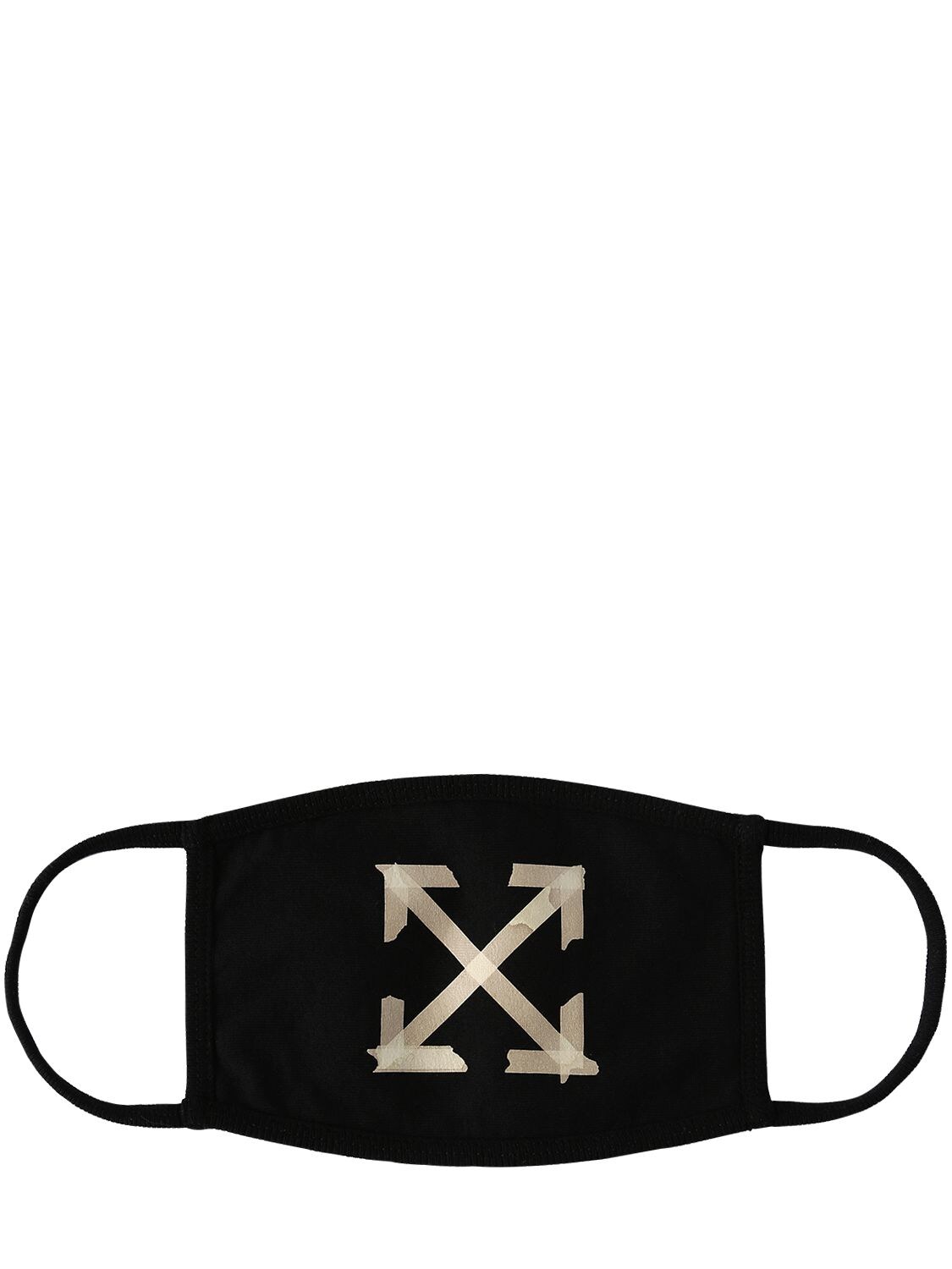 Off-white Arrows Tape Print Cotton Face Mask In Black,beige